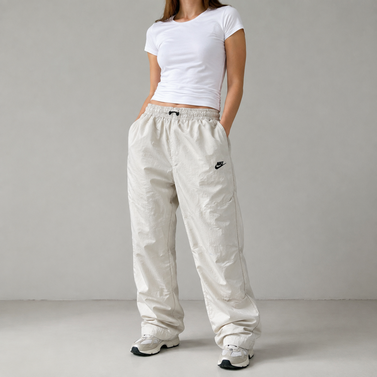 Nike Track Pants Size L Off White Black Hip Logo Techwear Tapered Leg Nylon Windbreakers