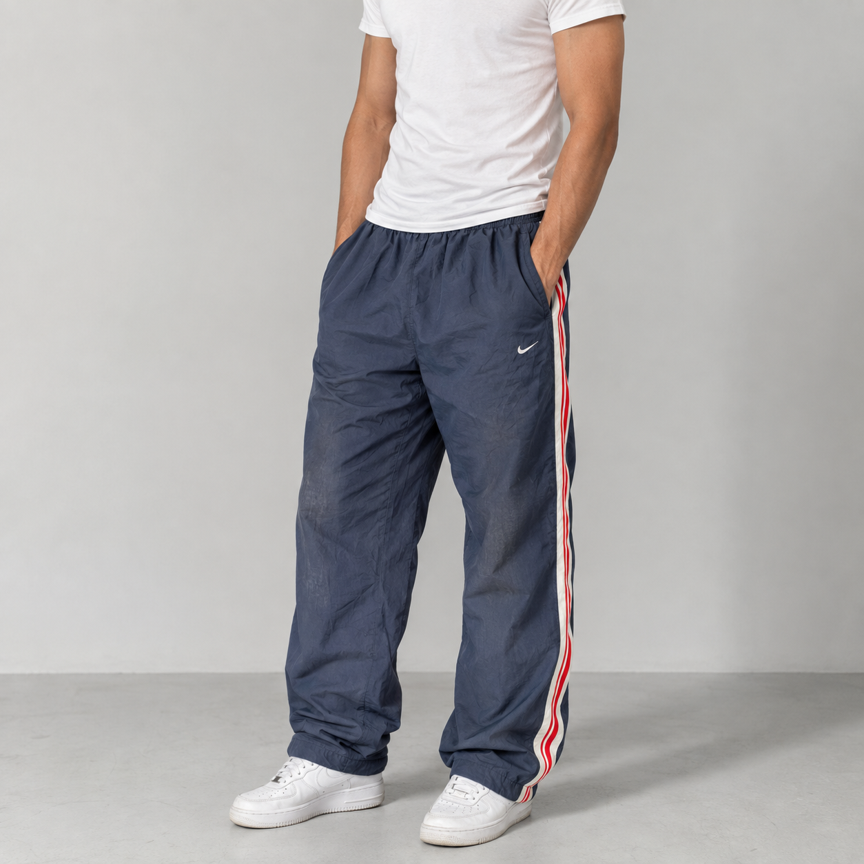 Vintage Y2K Nike Track Pants Size M Navy White Red Panel Ankle Bungee Tabs Straight Leg