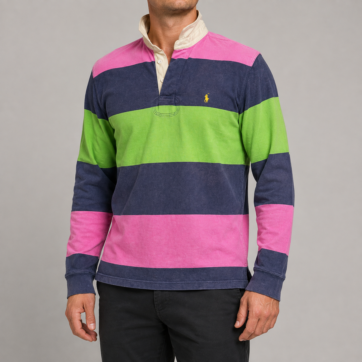 Vintage Y2K Ralph Lauren Rugby Polo Men's M Striped Pink Blue Green Striped Small Pony