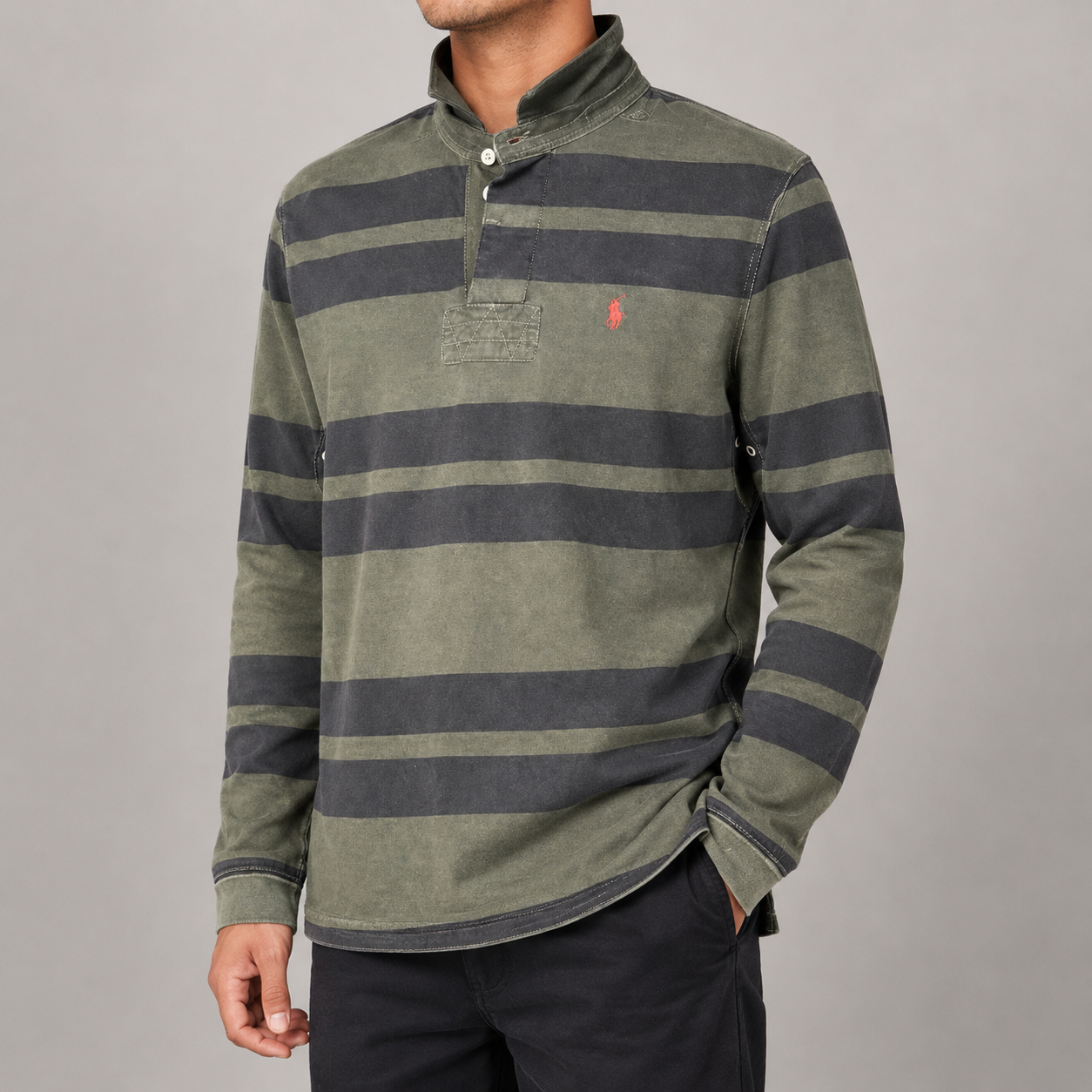 Vintage Y2K Ralph Lauren Rugby Polo Men's M Dark Green Navy Striped Small pony Collared