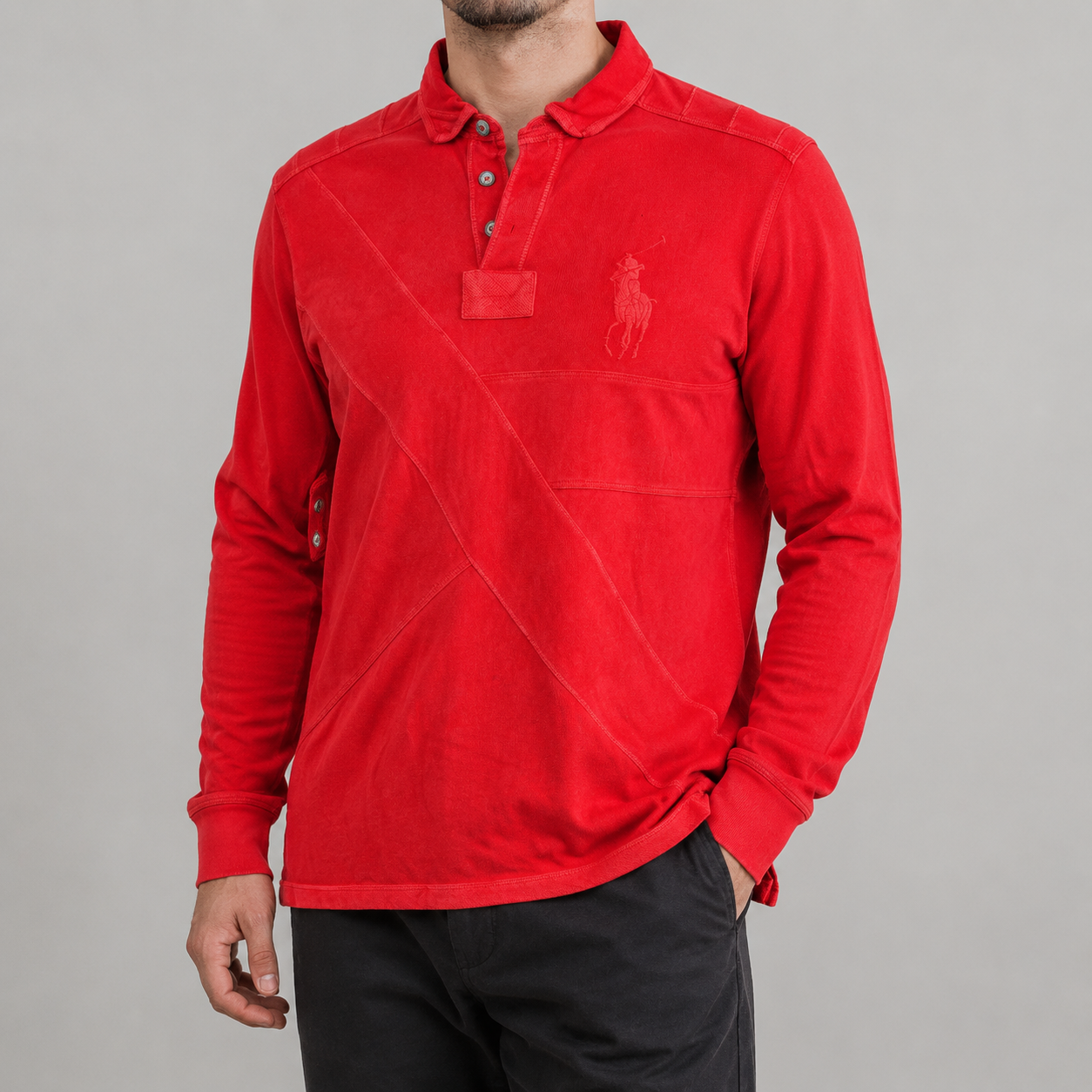 Vintage 90's Ralph Lauren Rugby Polo Men's L Double Red Big Pony Stitching Detail Collared