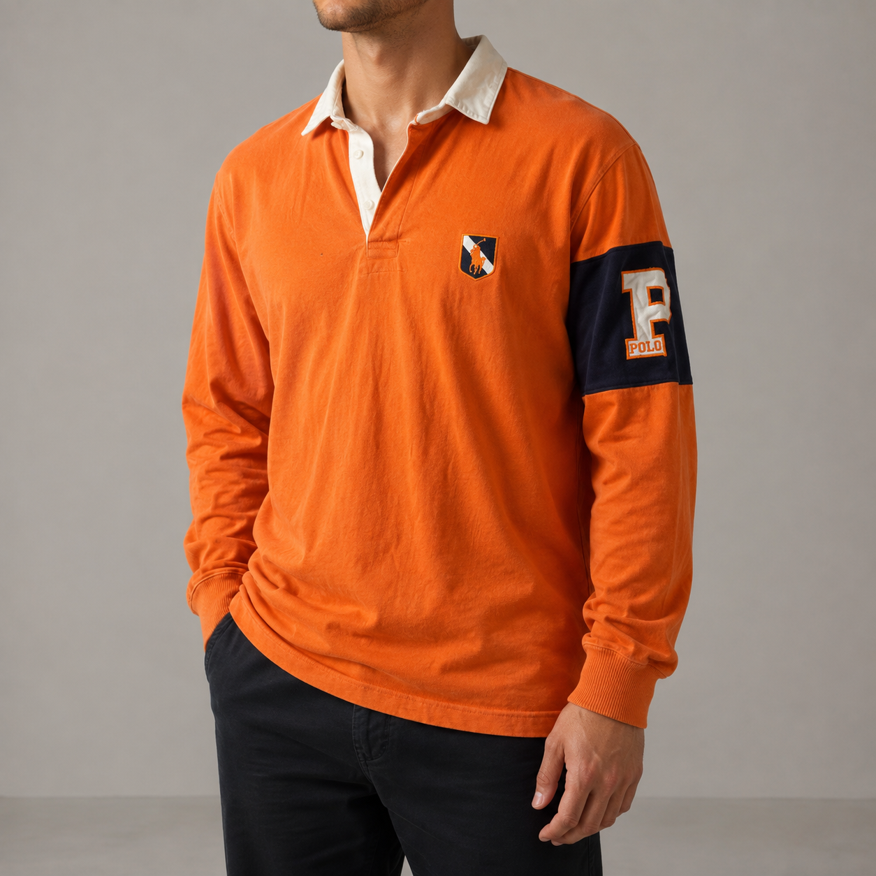 Vintage 90's Ralph Lauren Rugby Polo Men's L Orange Oversized Badge Logo Pony Collared