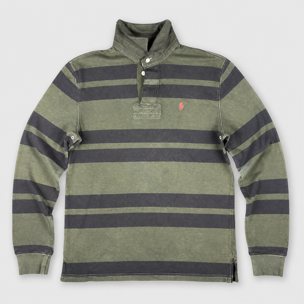 Vintage Y2K Ralph Lauren Rugby Polo Men's M Dark Green Navy Striped Small pony Collared