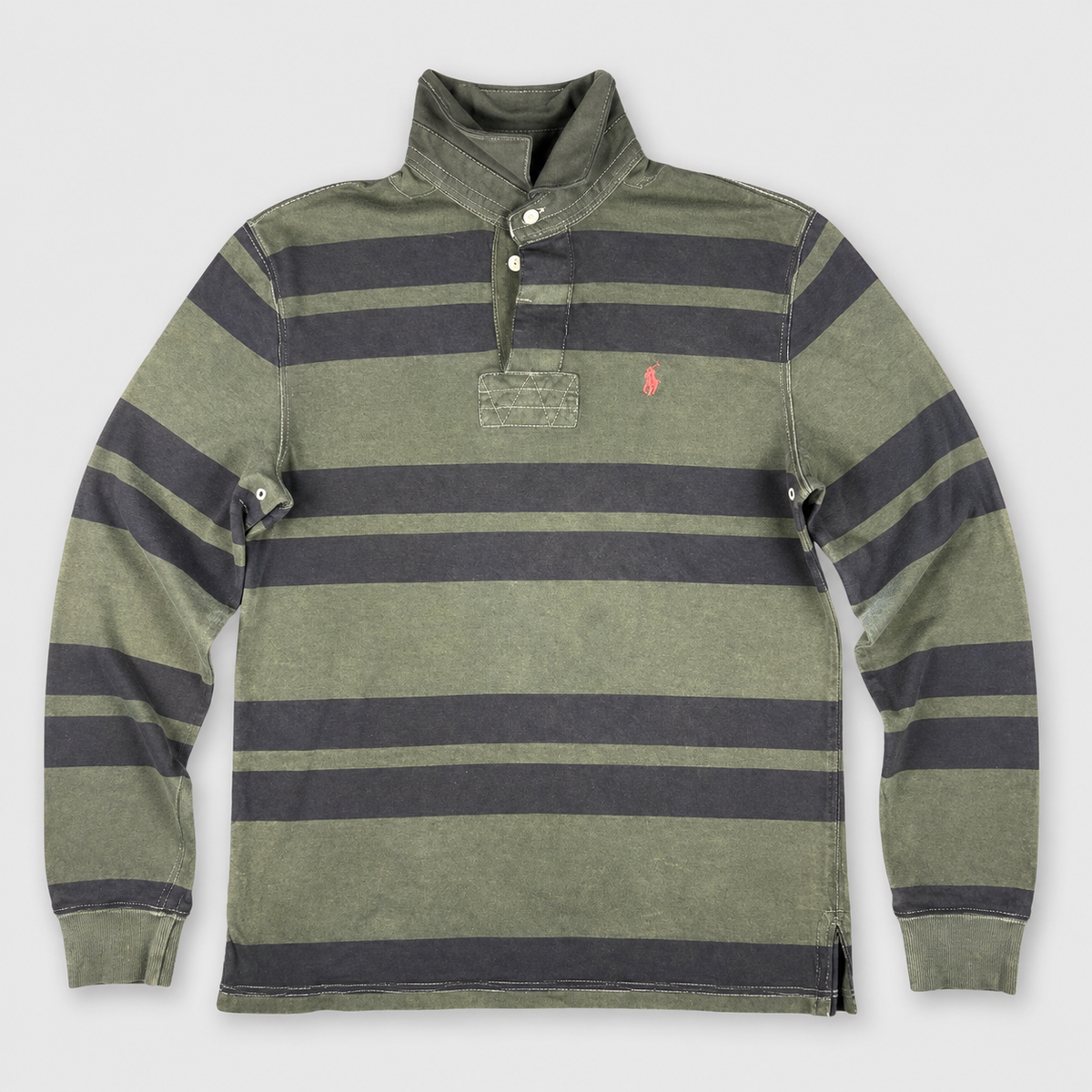 Vintage Y2K Ralph Lauren Rugby Polo Men's M Dark Green Navy Striped Small pony Collared