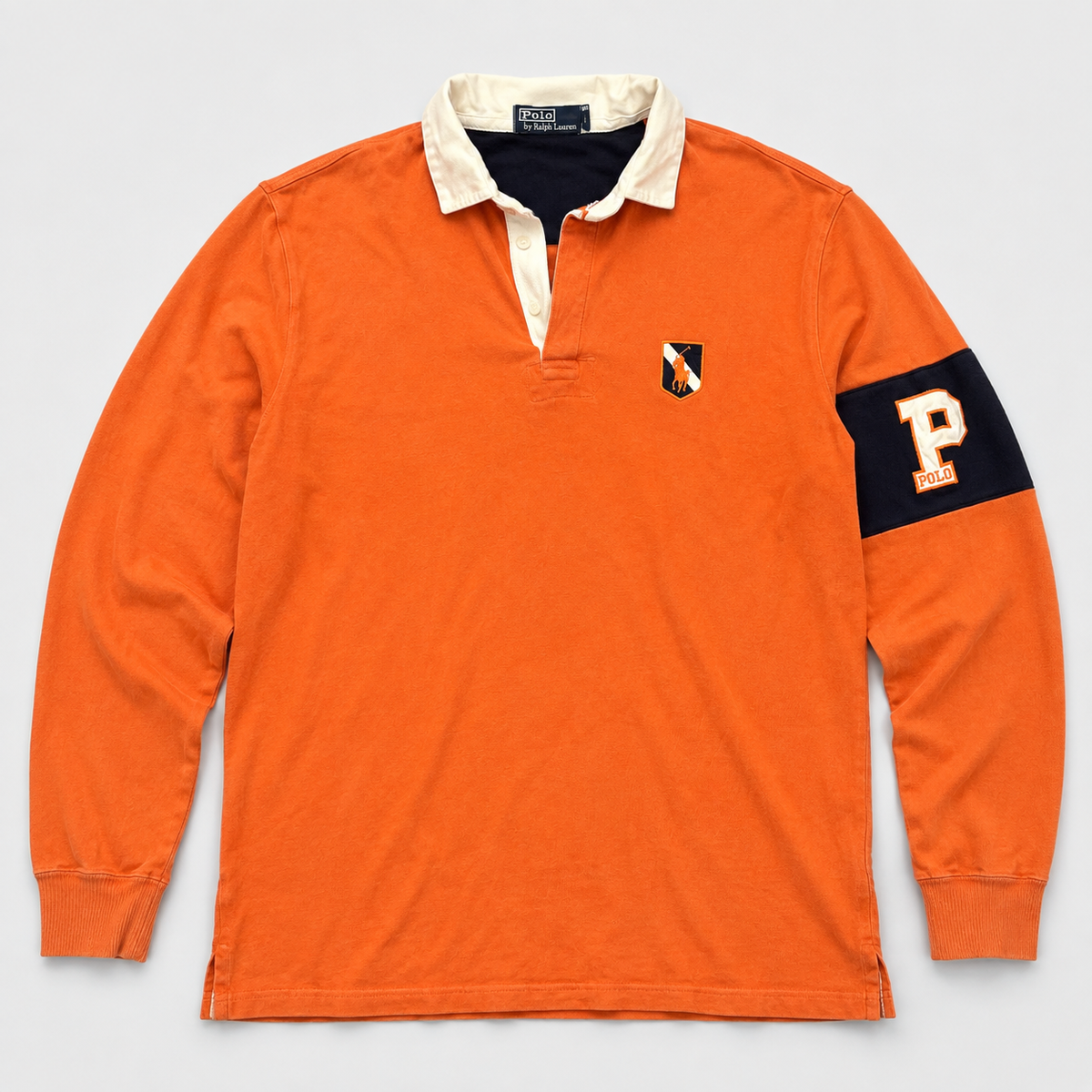 Vintage 90's Ralph Lauren Rugby Polo Men's L Orange Oversized Badge Logo Pony Collared