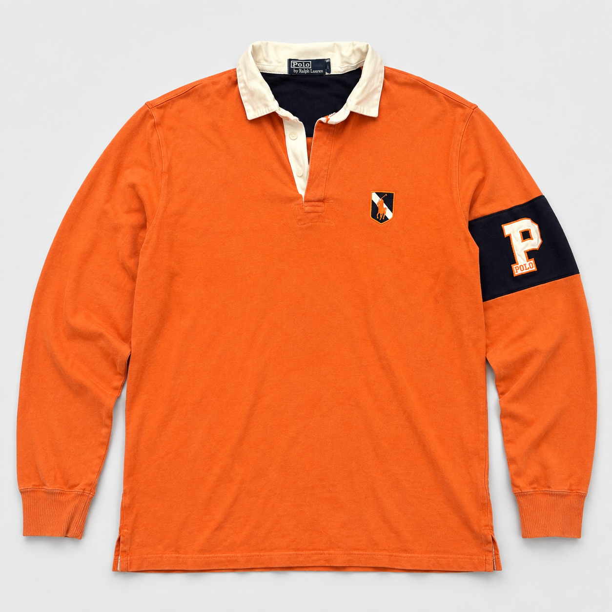 Vintage 90's Ralph Lauren Rugby Polo Men's L Orange Oversized Badge Logo Pony Collared