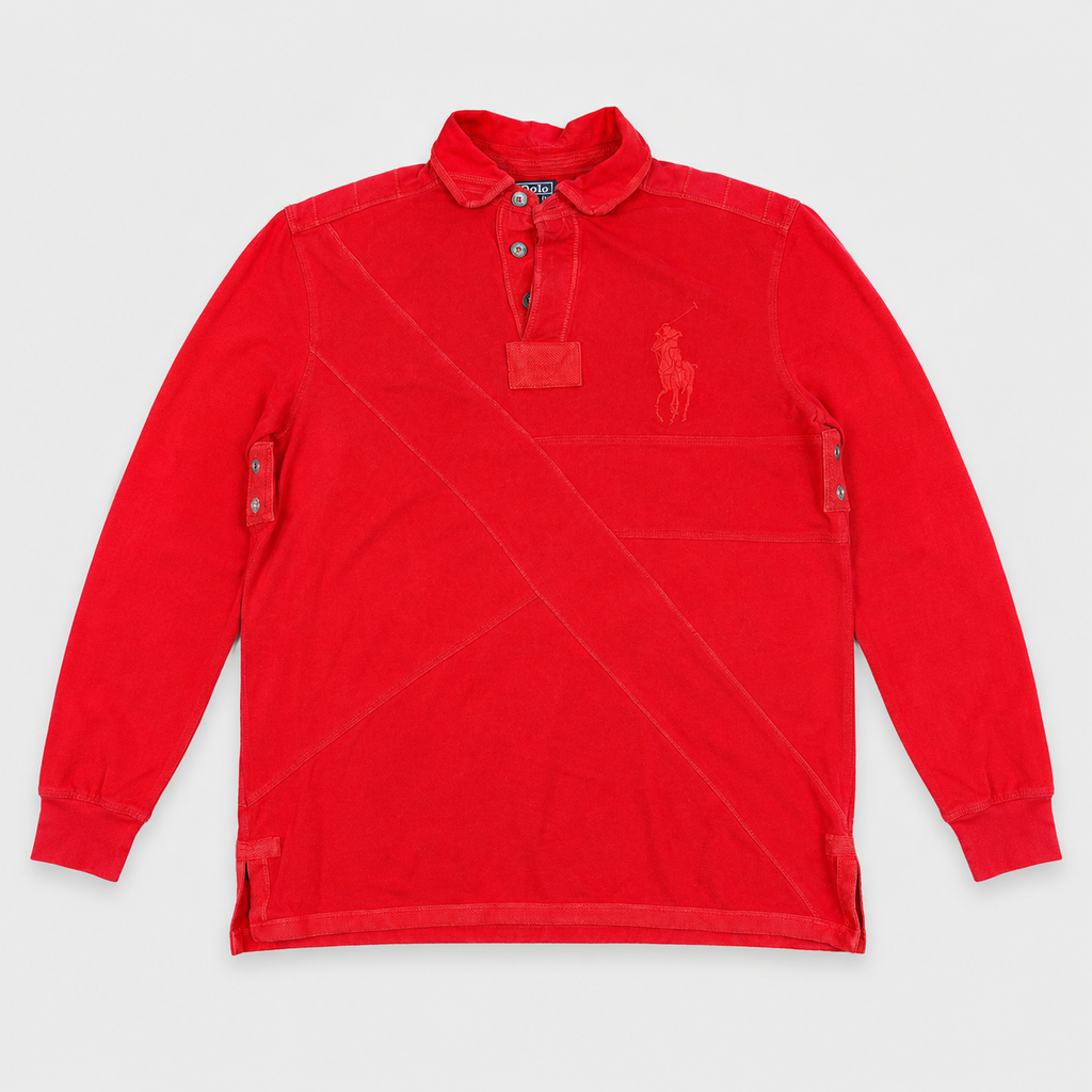 Vintage 90's Ralph Lauren Rugby Polo Men's L Double Red Big Pony Stitching Detail Collared