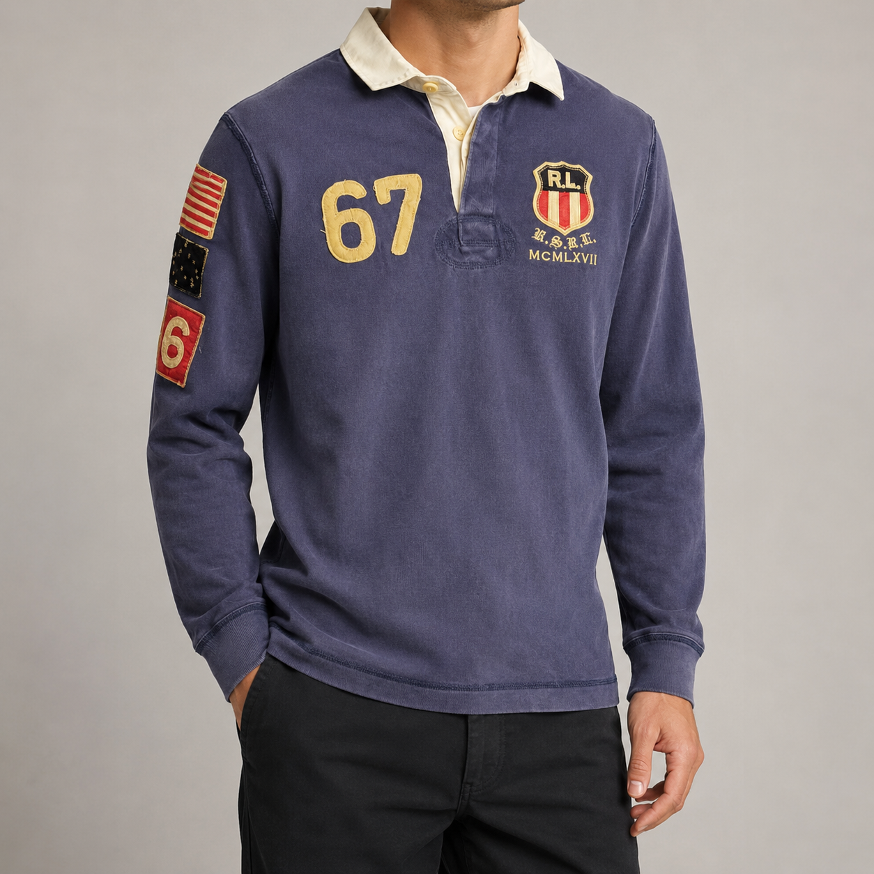 Vintage 90's Ralph Lauren Rugby Polo Men's S Blue Grey Embroidered Badges Logos Collared