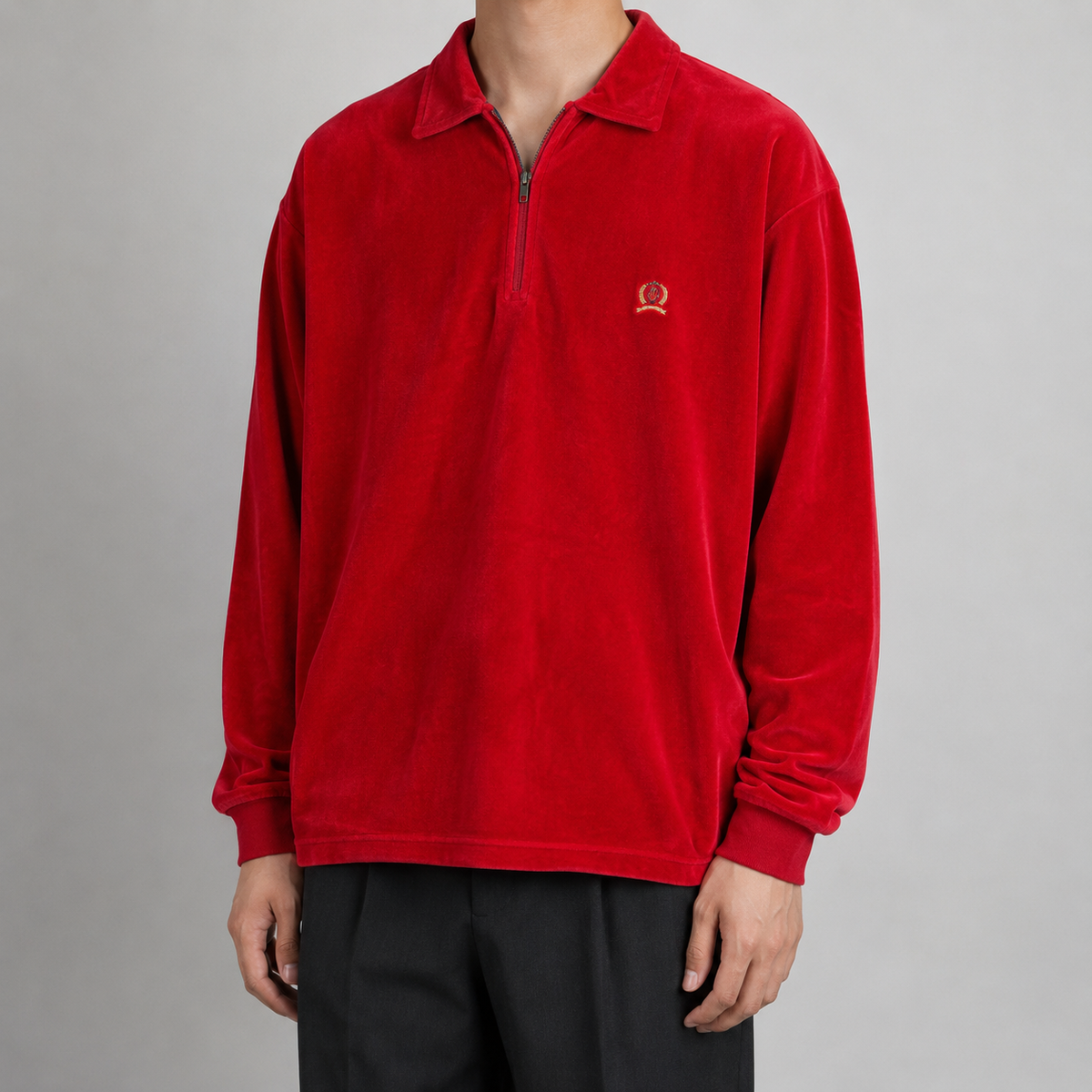 Vintage 90's Tommy Hilfiger 1/4 Zip Fleece Men's XL Red Velour Embroidered Logo Jumper Collared