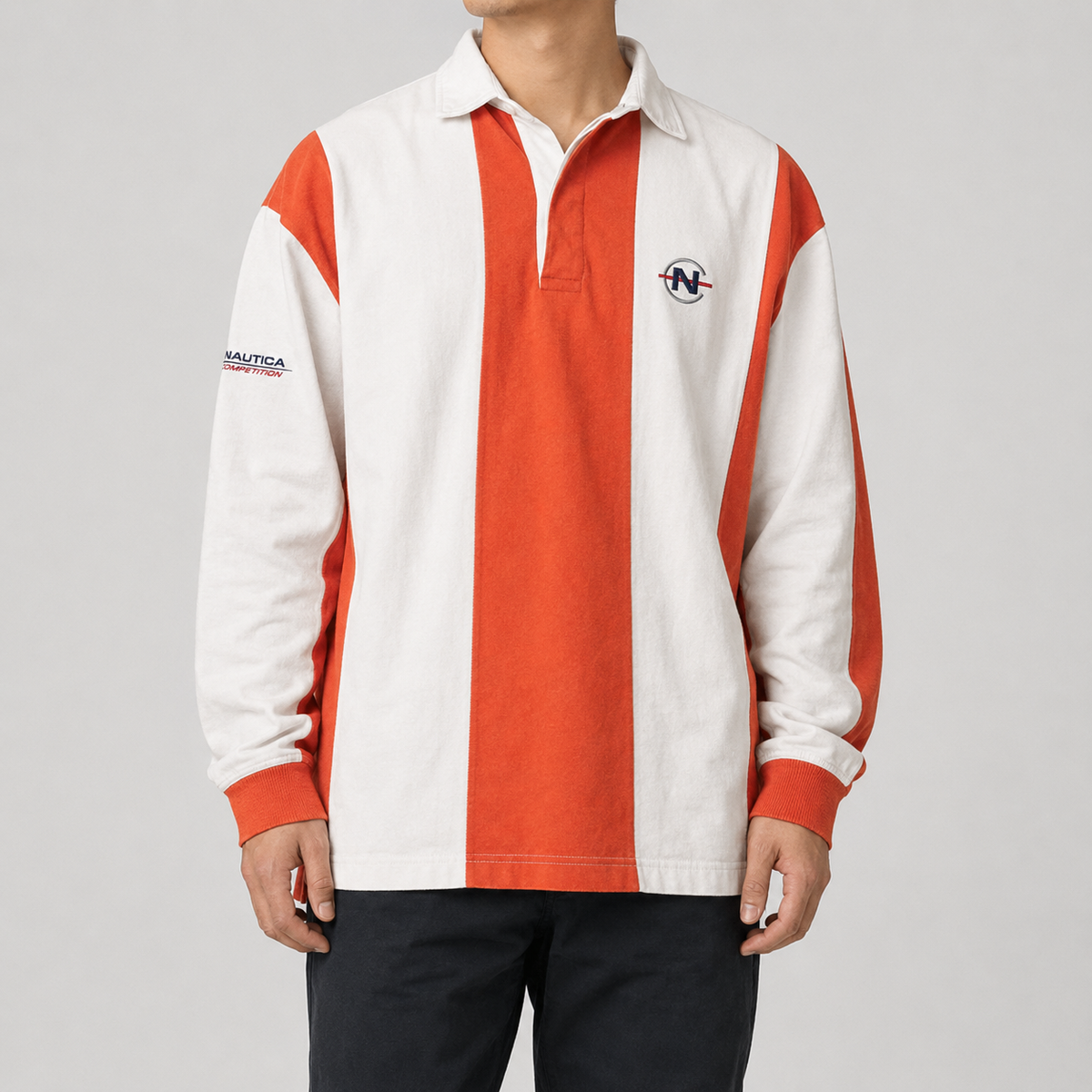 Vintage 90s Nautica Competition Rugby Polo Size M Oversized White Orange Stripe Logos