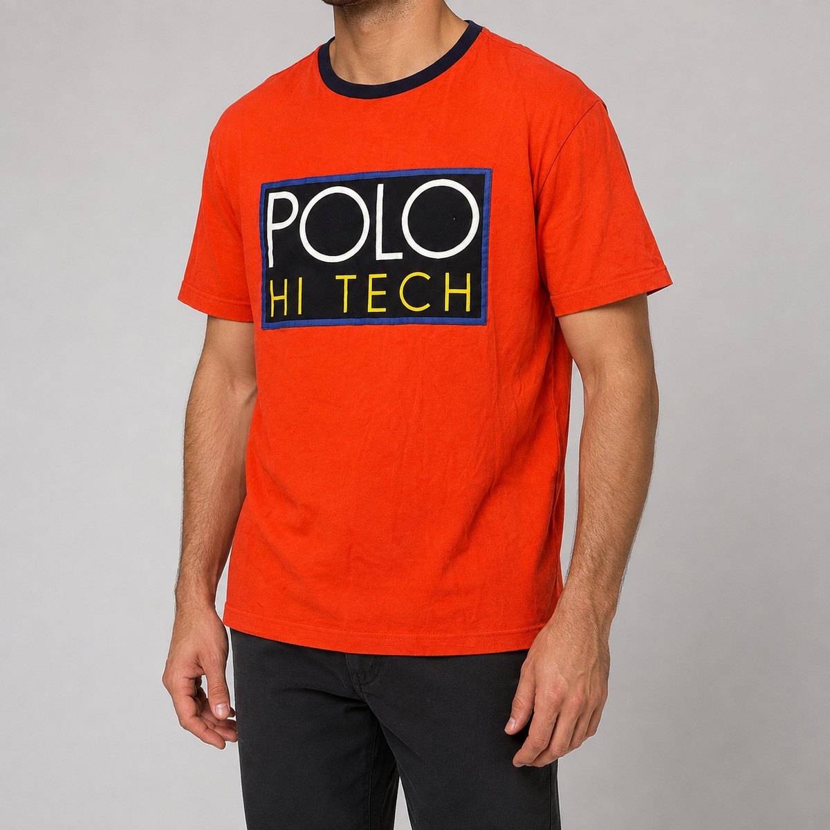 Vintage 90's Polo Ralph Lauren T-shirt Men's M Orange High Tech Single Stitch Ringer Style Graphic tee Round Neck