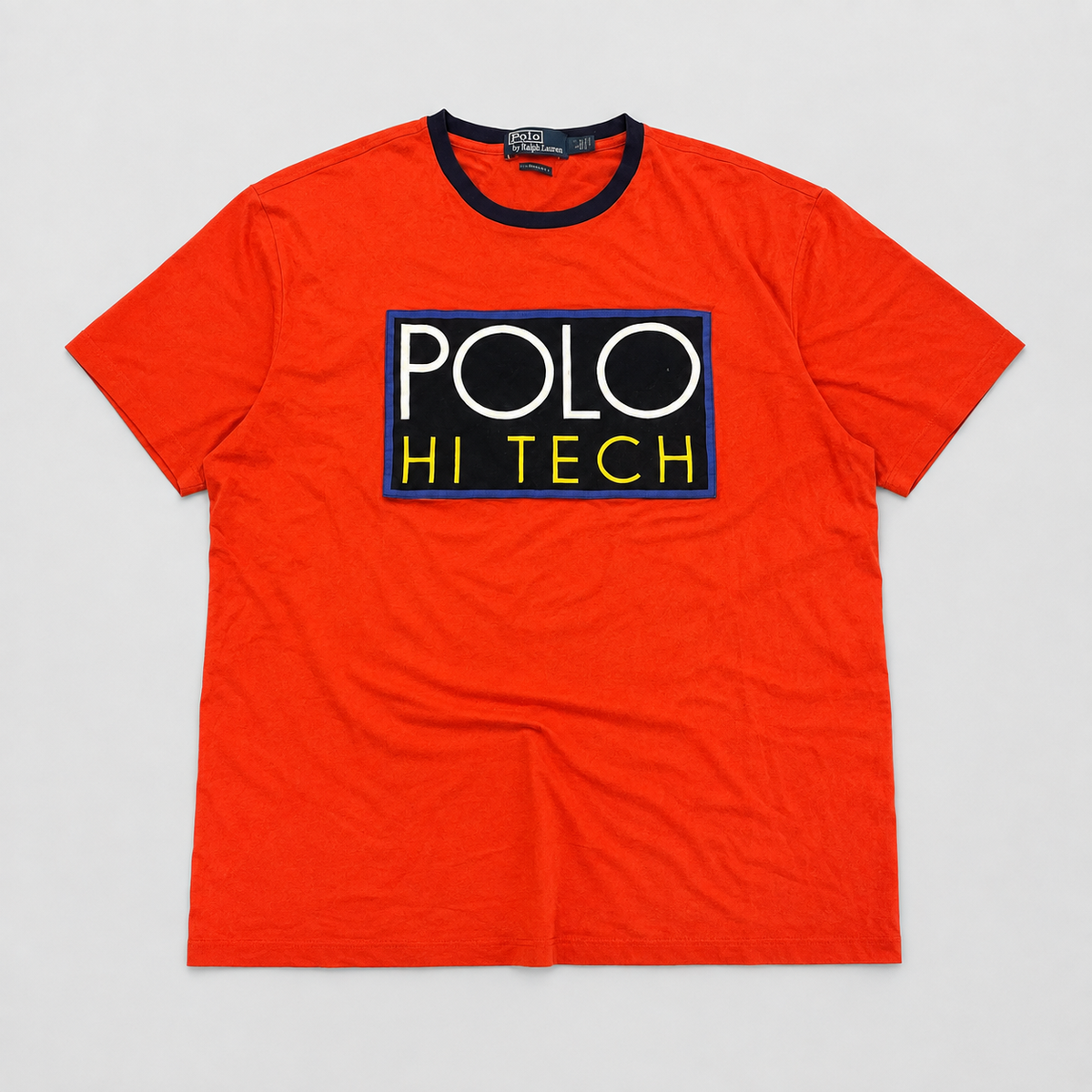 Vintage 90's Polo Ralph Lauren T-shirt Men's M Orange High Tech Single Stitch Ringer Style Graphic tee Round Neck