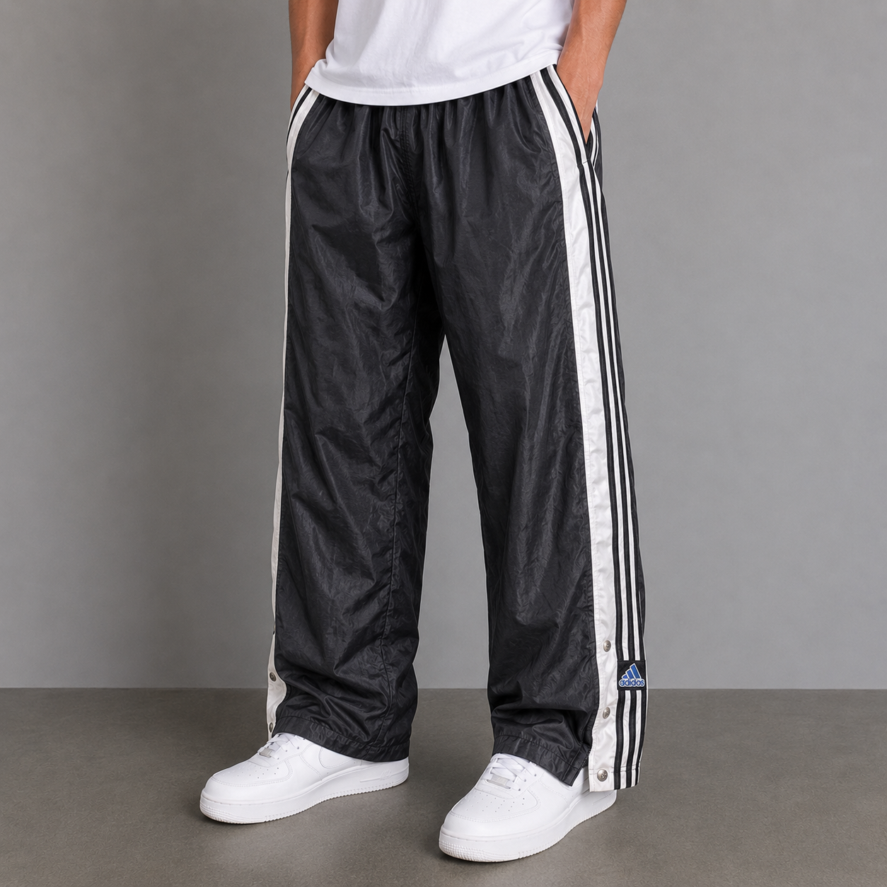 Vintage Y2K Adidas Track Pants Men's XL Black White 3 Stripe Tear Away Joggers Wide Leg