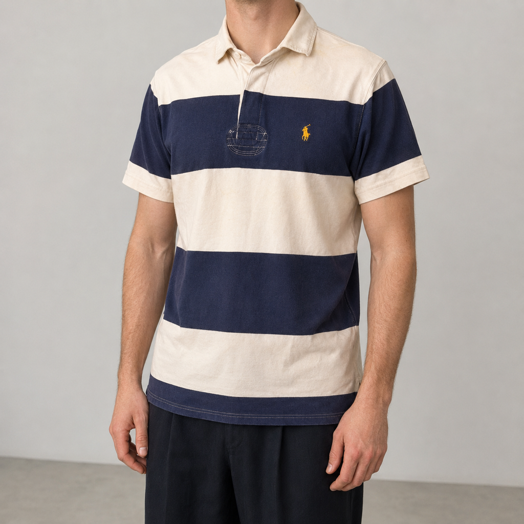 Vintage 90's Ralph Lauren Polo Men's L Blue White Stripe Small Yellow Small Pony