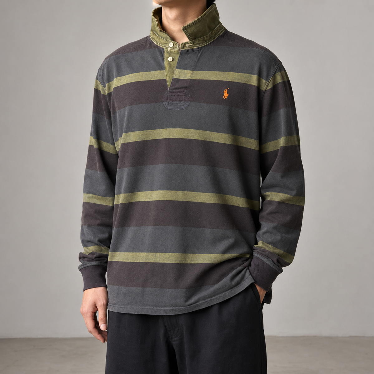 Vintage 90's Ralph Lauren Rugby Polo Men's XXL Green Navy Blue Small Pony Orange