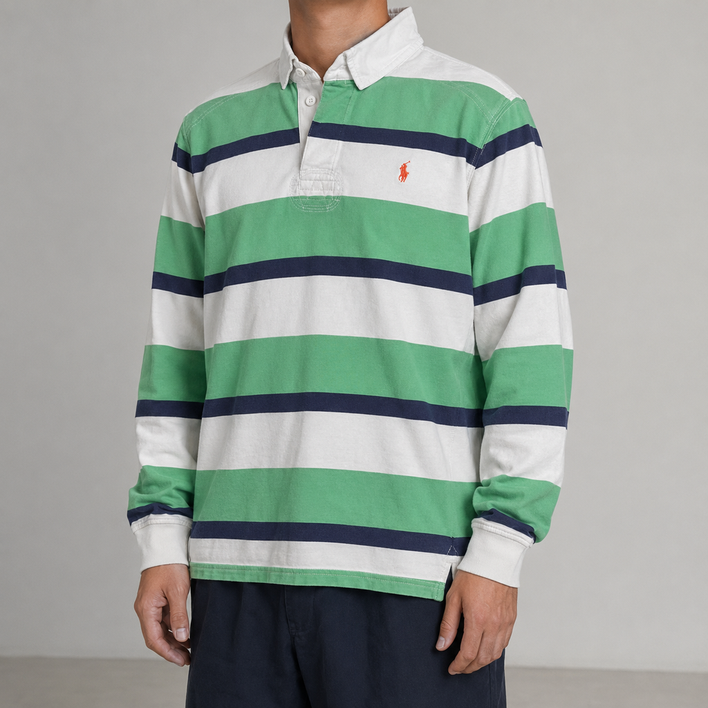 Vintage 90's Ralph Lauren Rugby Polo Men's L Green Blue White Stripe Orange Small Pony