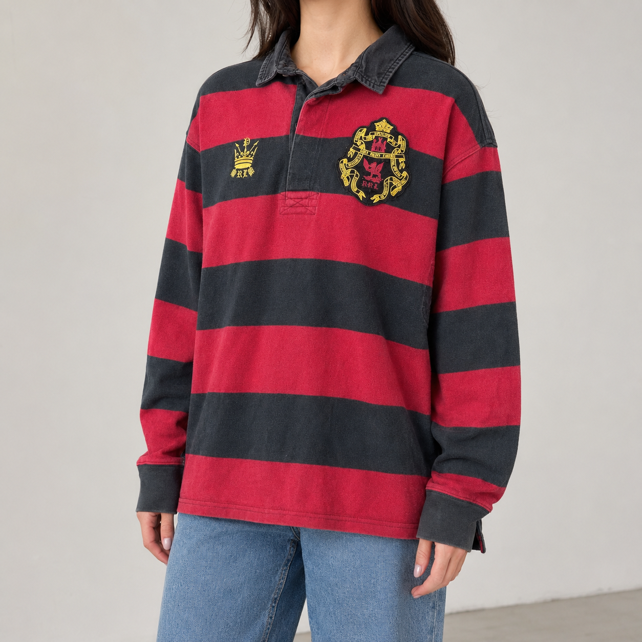 Vintage 90's Ralph Lauren Rugby Polo Women's S Black Red Stripe Badge Logos Jersey
