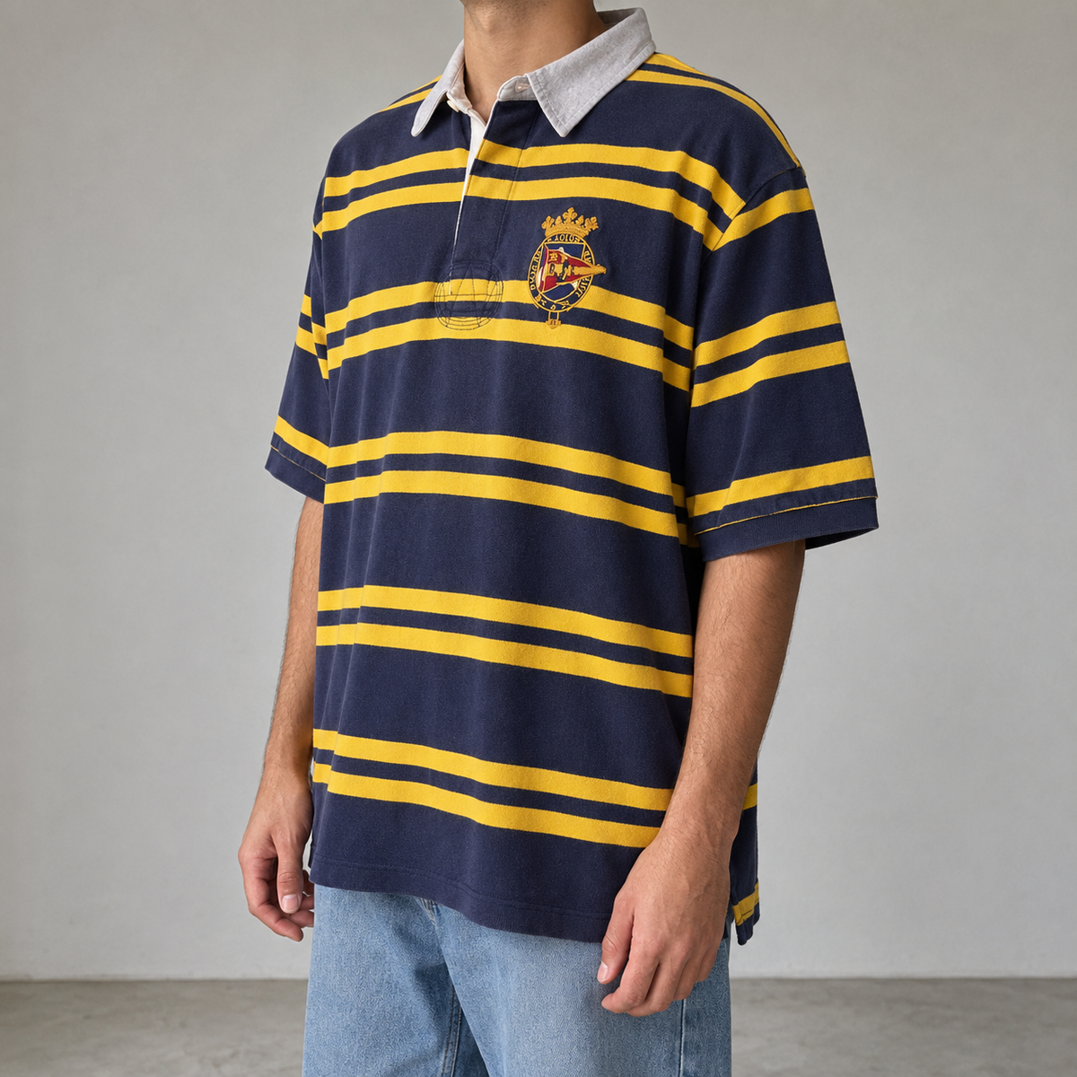 Vintage Men's 90's Ralph Lauren Polo XXL Blue Yellow Striped Badge Logo Shirt Collared