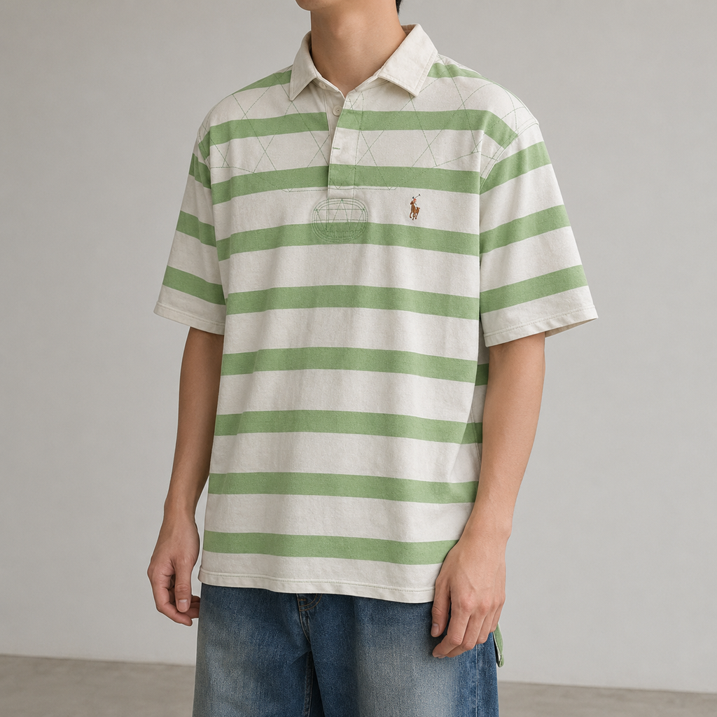 Vintage Men's 90's Ralph Lauren Polo XL Green White Stripe Small Colour Pony Shirt