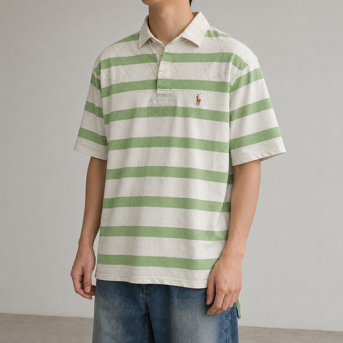Vintage Men's 90's Ralph Lauren Polo XL Green White Stripe Small Colour Pony Shirt