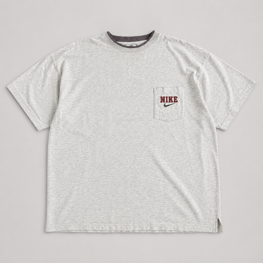Vintage 90s Nike T-Shirt XL Grey Ringer Style Spell Out Embroidered Logo Chest Pocket