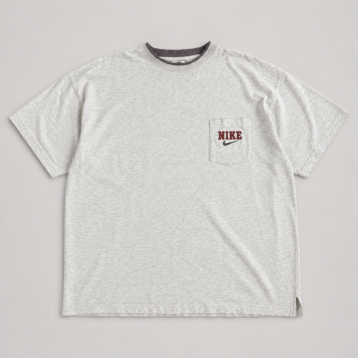 Vintage 90s Nike T-Shirt XL Grey Ringer Style Spell Out Embroidered Logo Chest Pocket
