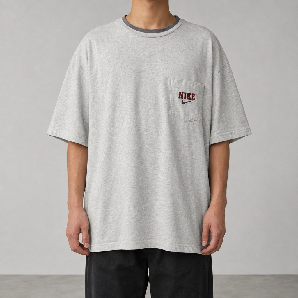 Vintage 90s Nike T-Shirt XL Grey Ringer Style Spell Out Embroidered Logo Chest Pocket