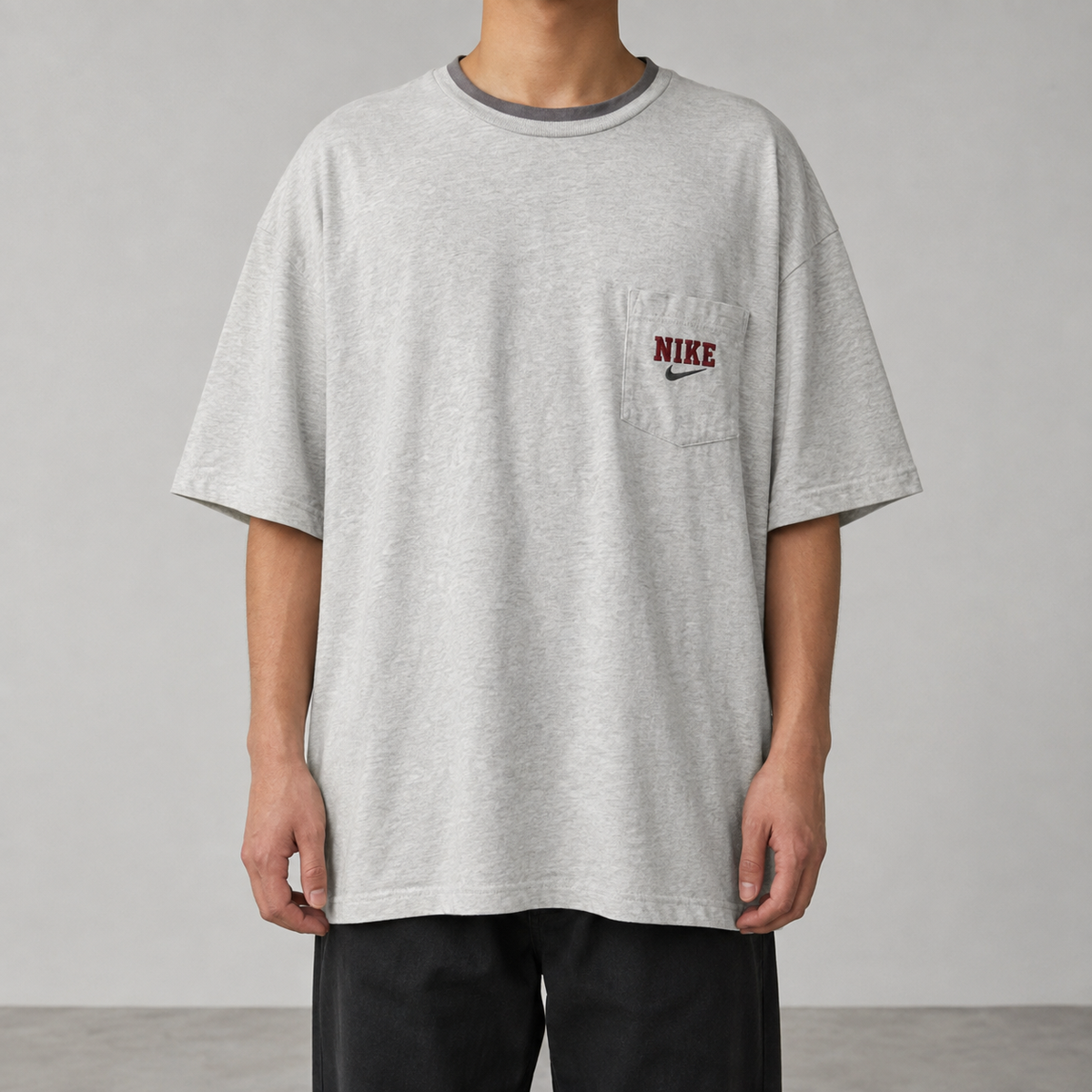 Vintage 90s Nike T-Shirt XL Grey Ringer Style Spell Out Embroidered Logo Chest Pocket
