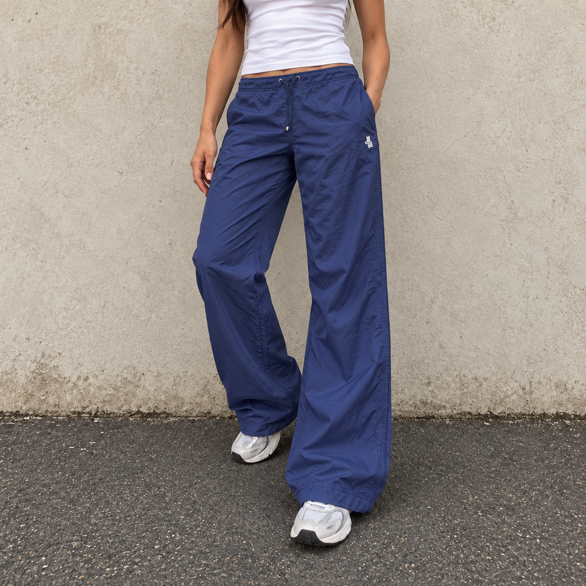 Vintage Y2K Nike Track Pants Women’s L Navy White Swoosh Spell Out Flared Leg Bungee Rare