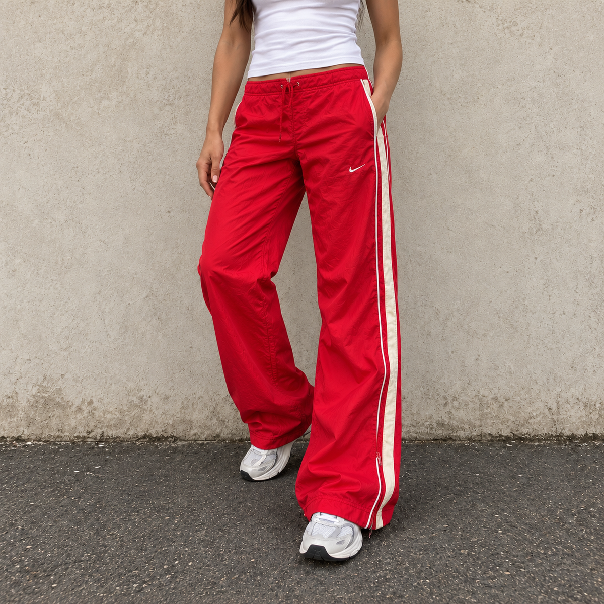 Vintage Y2K Nike Track Pants Women's M Red White Swoosh Piping Joggers Straight Leg