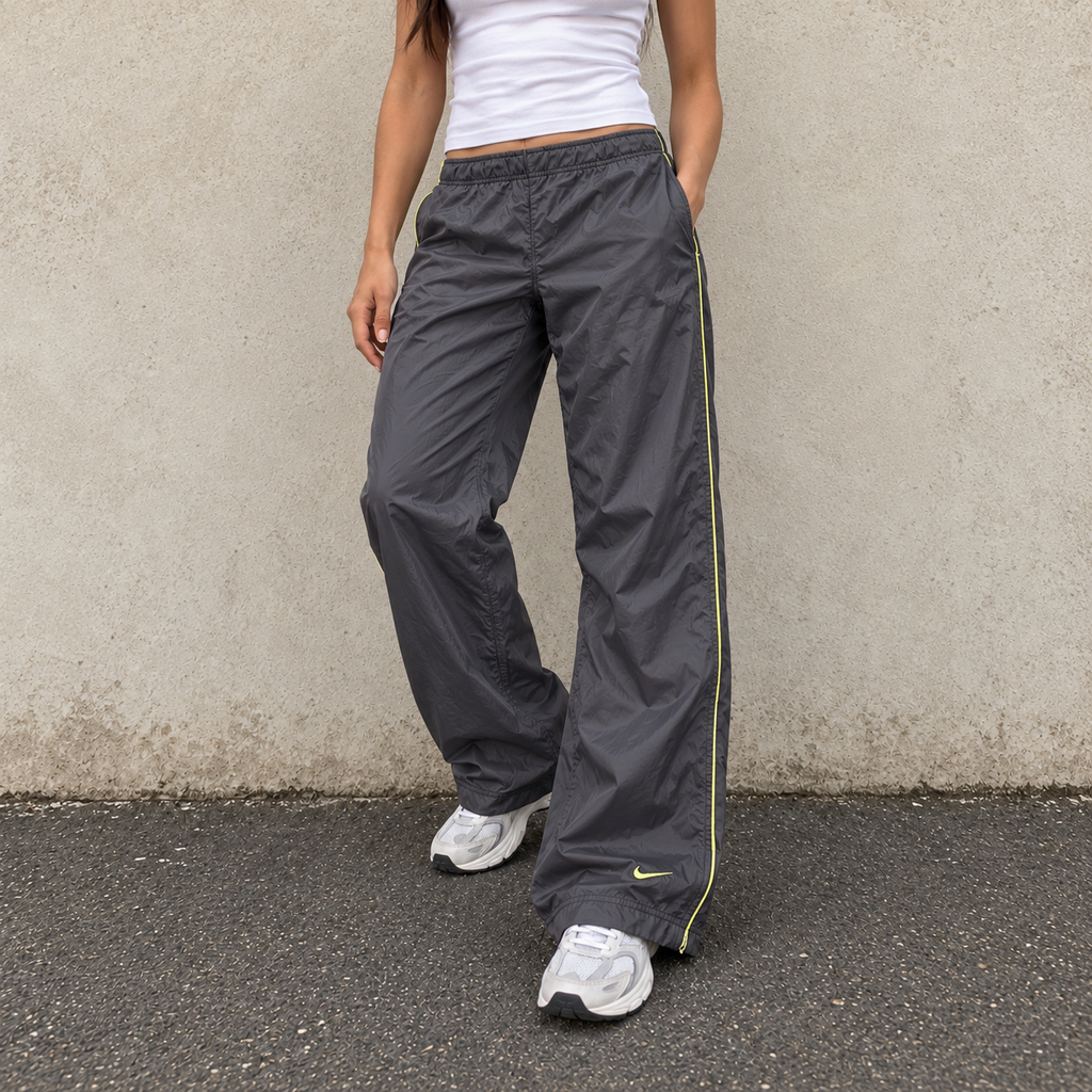 Vintage Y2K Nike Track Pants Women's S Dark Grey yellow piping ankle swoosh  Straight Leg