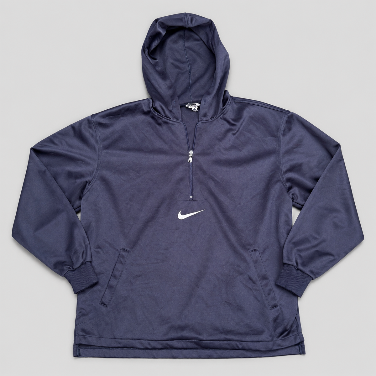 Vintage 90s Nike Anorak Hoodie Size M Navy White Swoosh Mesh Texture Pouch