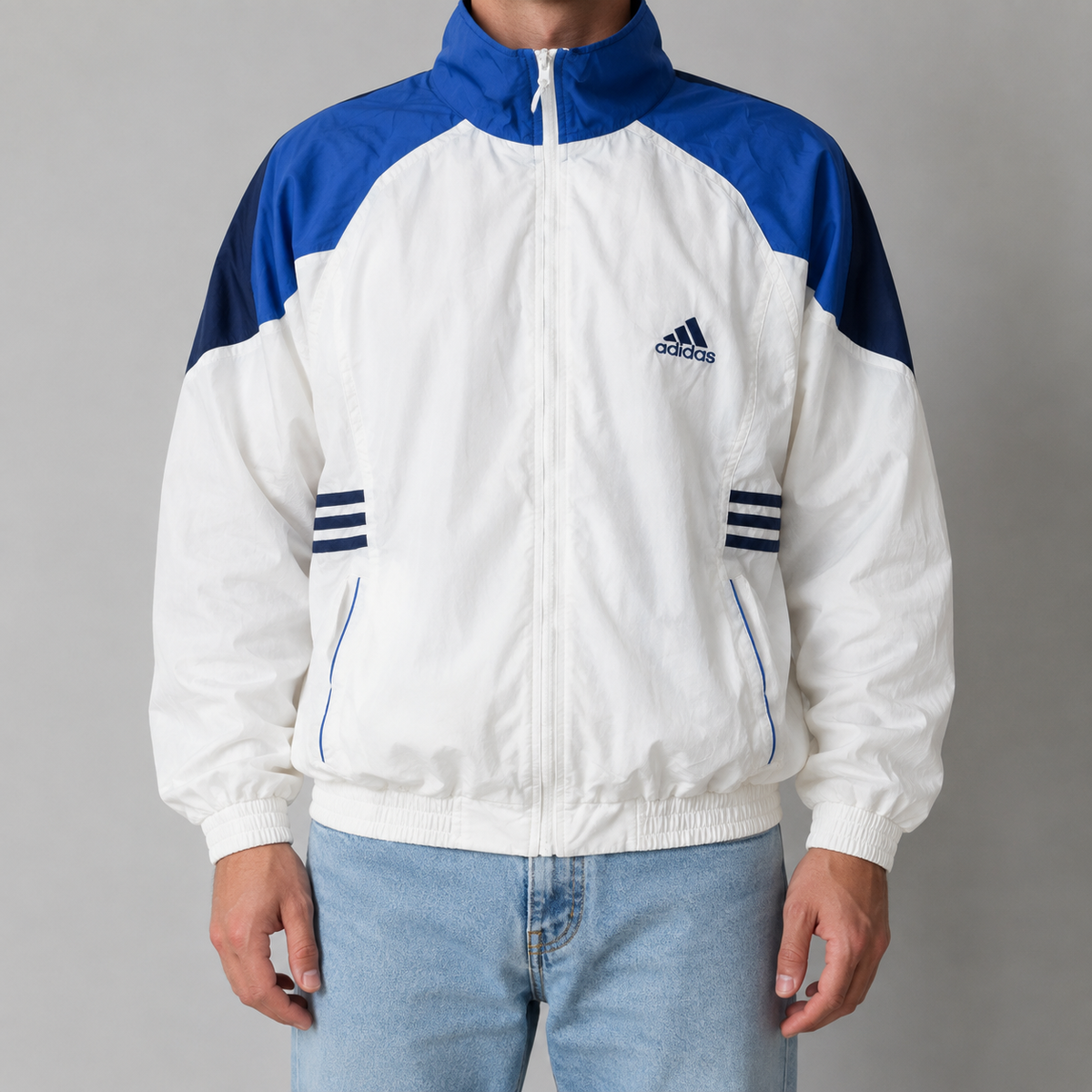 Vintage 90s Adidas Jacket Size L White Blue Windbreaker