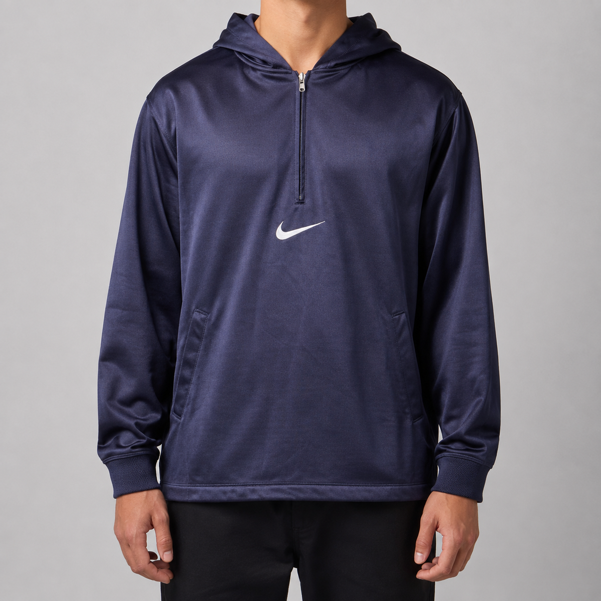 Vintage 90s Nike Anorak Hoodie Size M Navy White Swoosh Mesh Texture Pouch