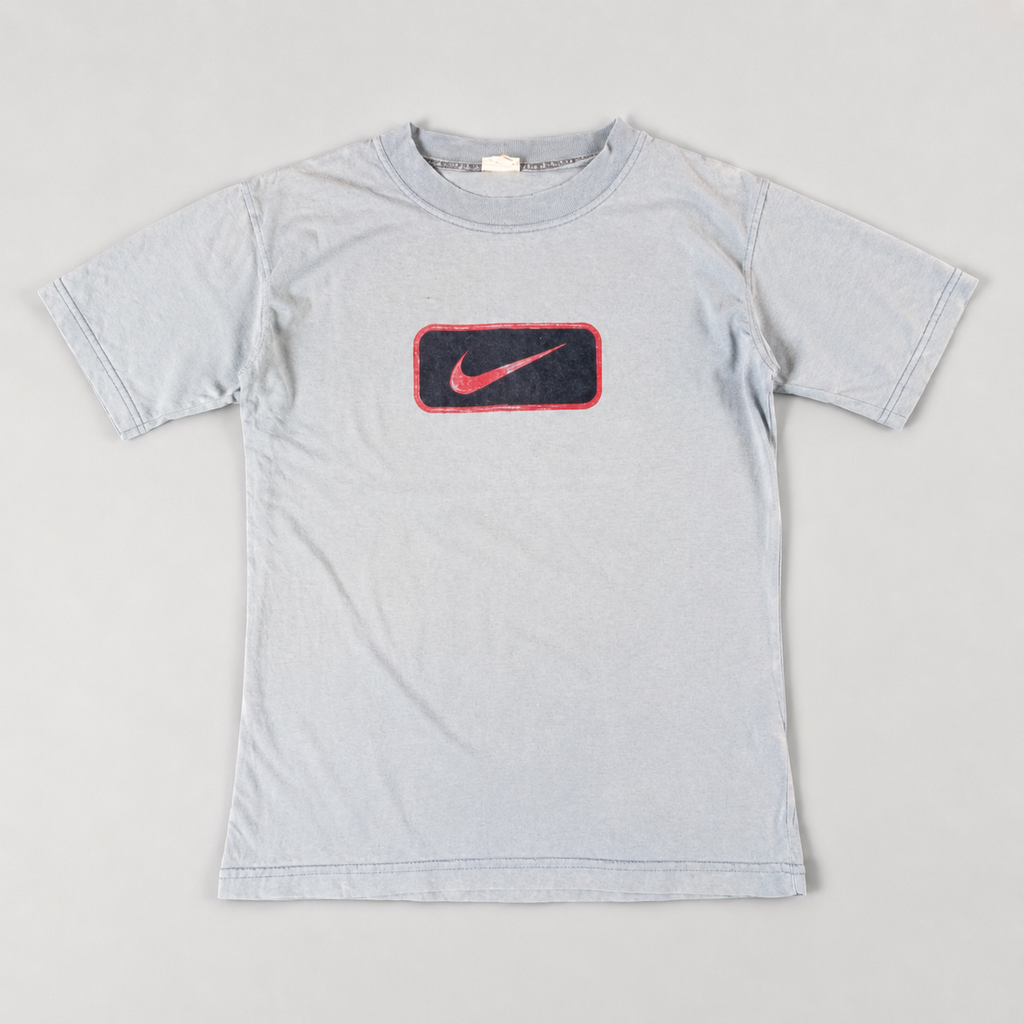 Vintage 90s Nike T-Shirt Women’s M Blue Centre Box Logo Classic Crew Neck