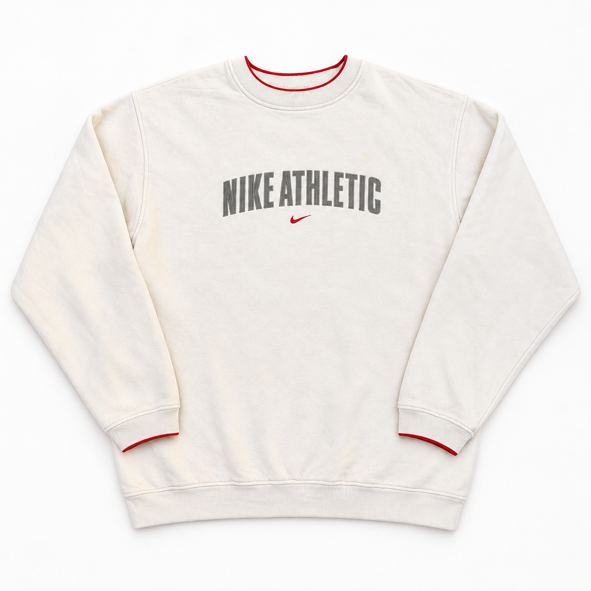 Vintage Y2K Nike Jumper Size XL Cream Red Nike Athletic Spell Out Sweatshirt