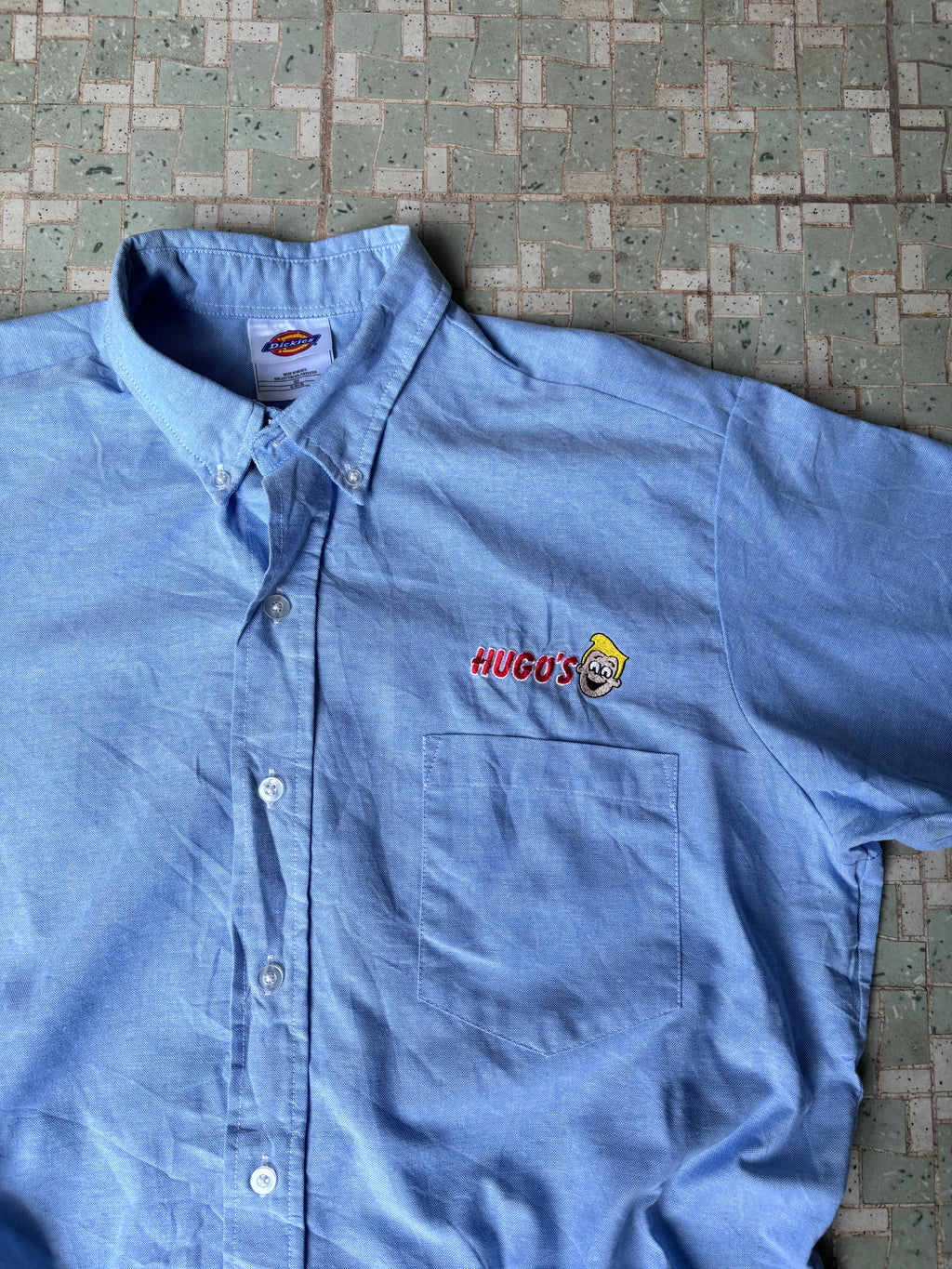 Dickies Workwear Shirt Size L/XL Blue Embroidered Logo "Hugo's" Button Up