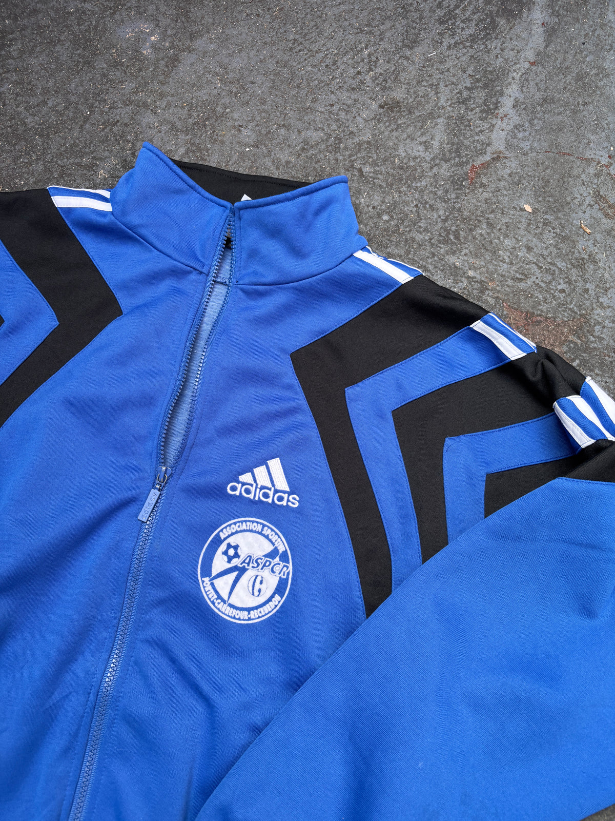 Vintage 90s Adidas Jacket Size L Blue Navy 3 Stripe Football Satin Style Finish