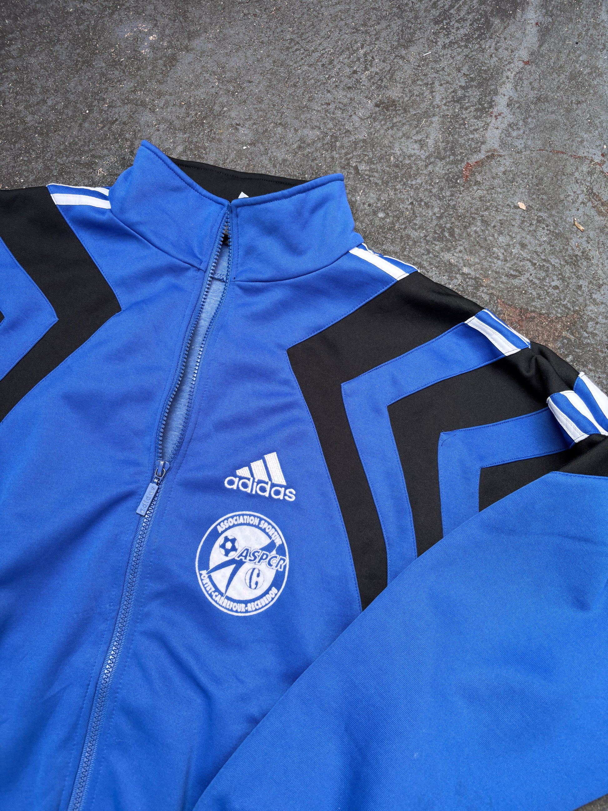 Vintage 90s Adidas Jacket Size L Blue Navy 3 Stripe Football Satin Style Finish