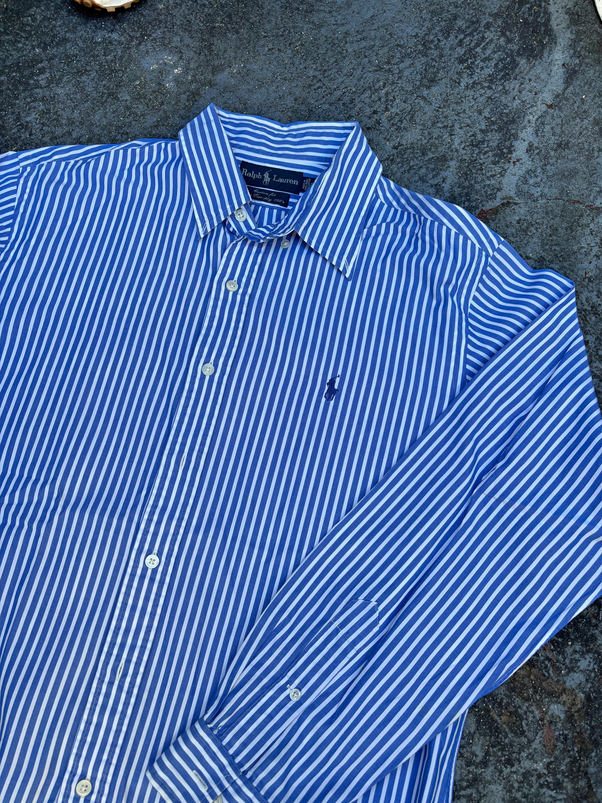 Vintage 90s Ralph Lauren Shirt Men’s XL Blue White Striped 2-Ply Cotton Custom Fit