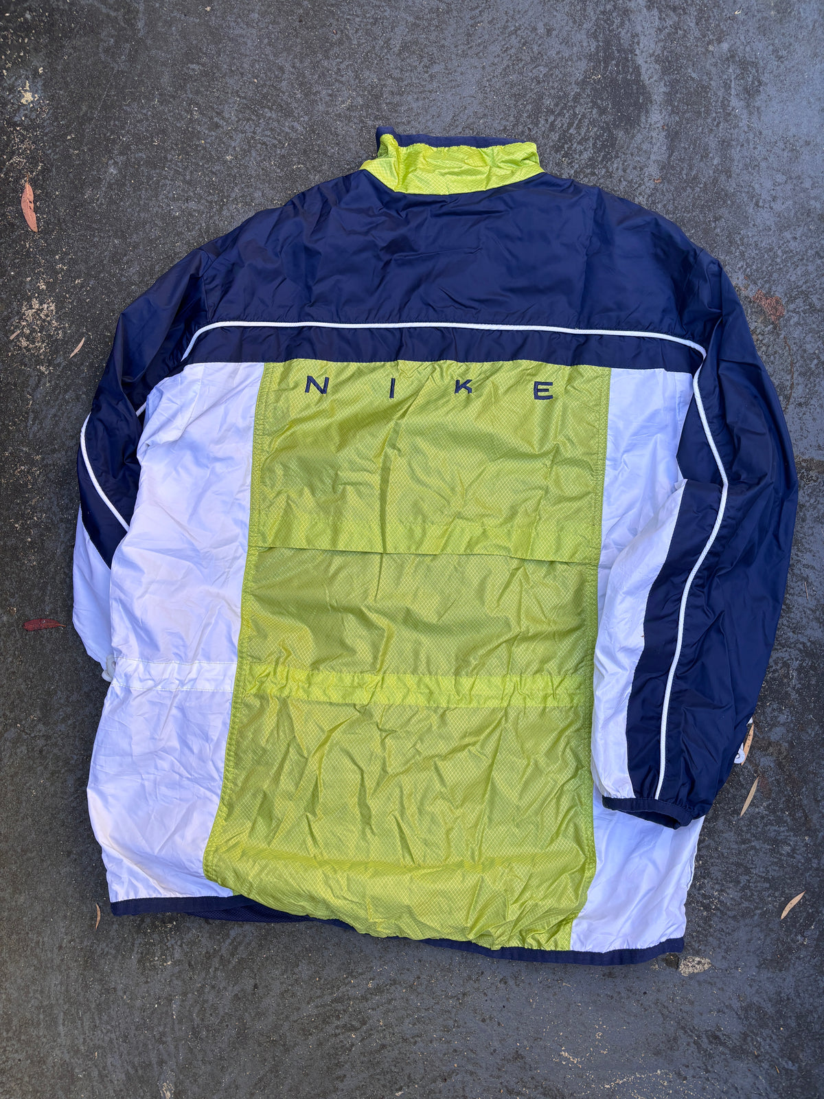 Vintage 90s Nike Jacket Womens M Blue Green Spell Out Logo Bungee Nylon Windbreaker