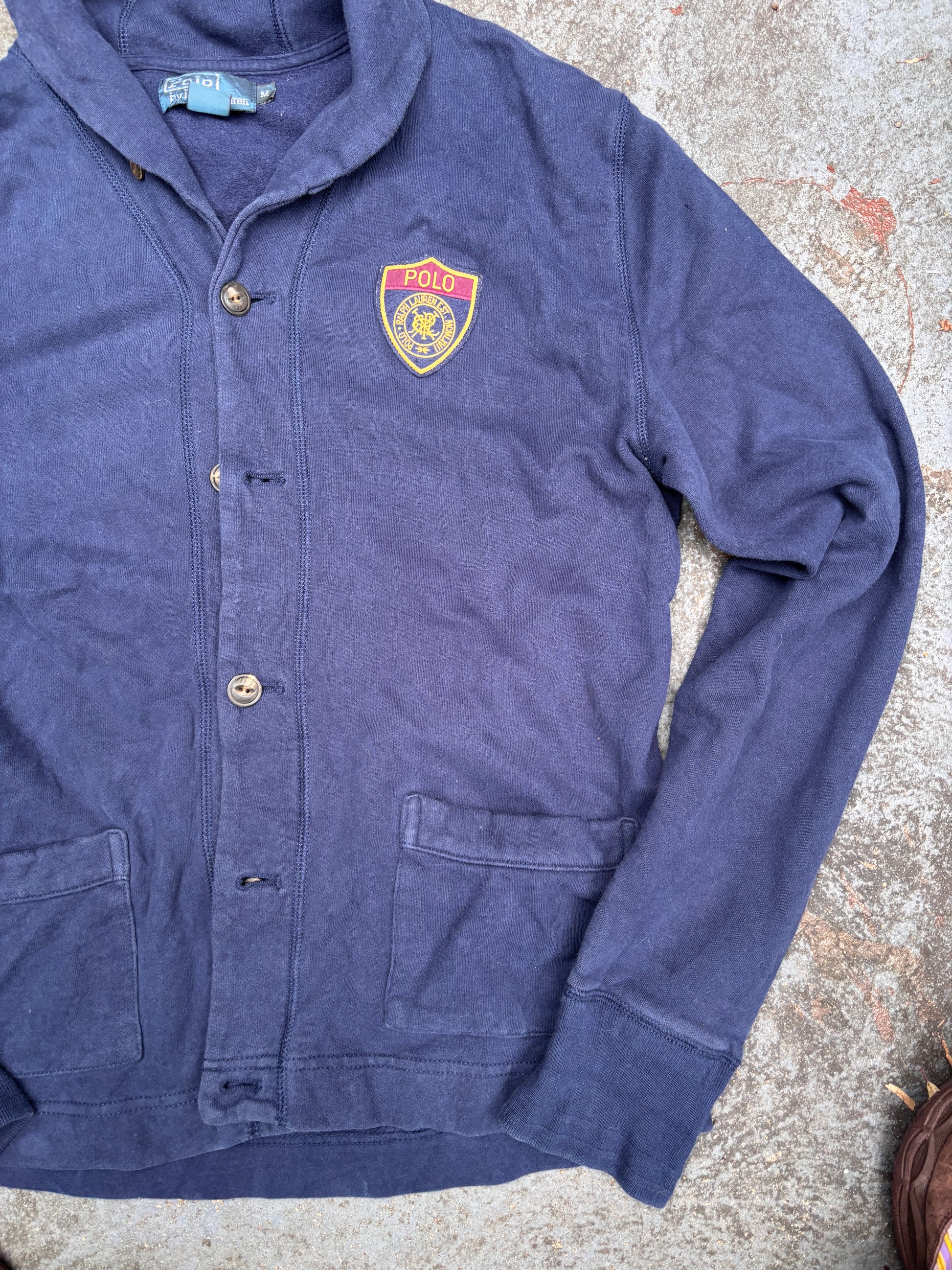 Vintage Y2K Polo Ralph Lauren Cardigan Size M Navy Chest Badge Cotton Button Up