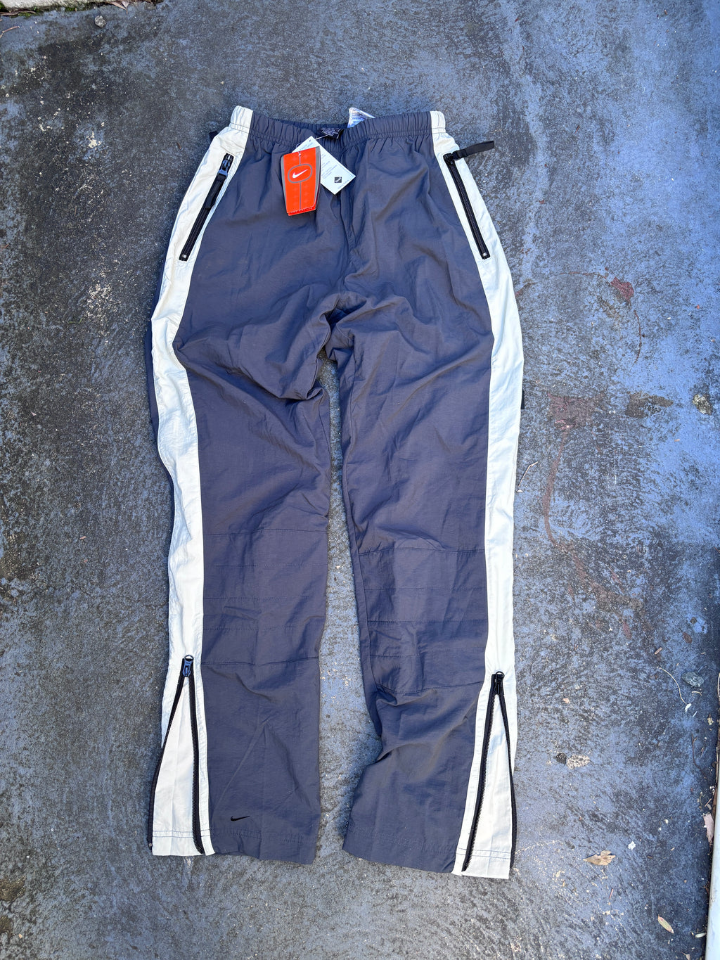 Vintage Y2K Nike Track Pants Women’s S Grey Cream Detail Nylon Wide Leg Windbreakers