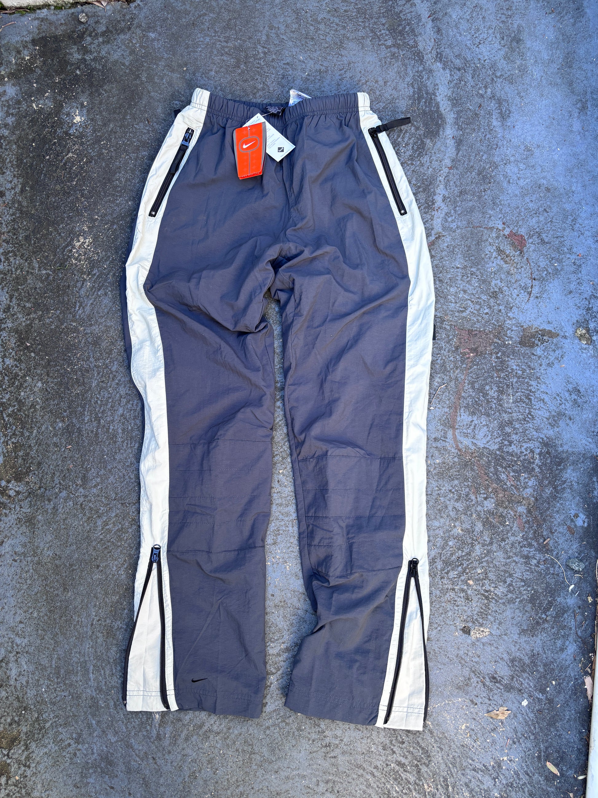 Vintage Y2K Nike Track Pants Women’s S Grey Cream Detail Nylon Wide Leg Windbreakers