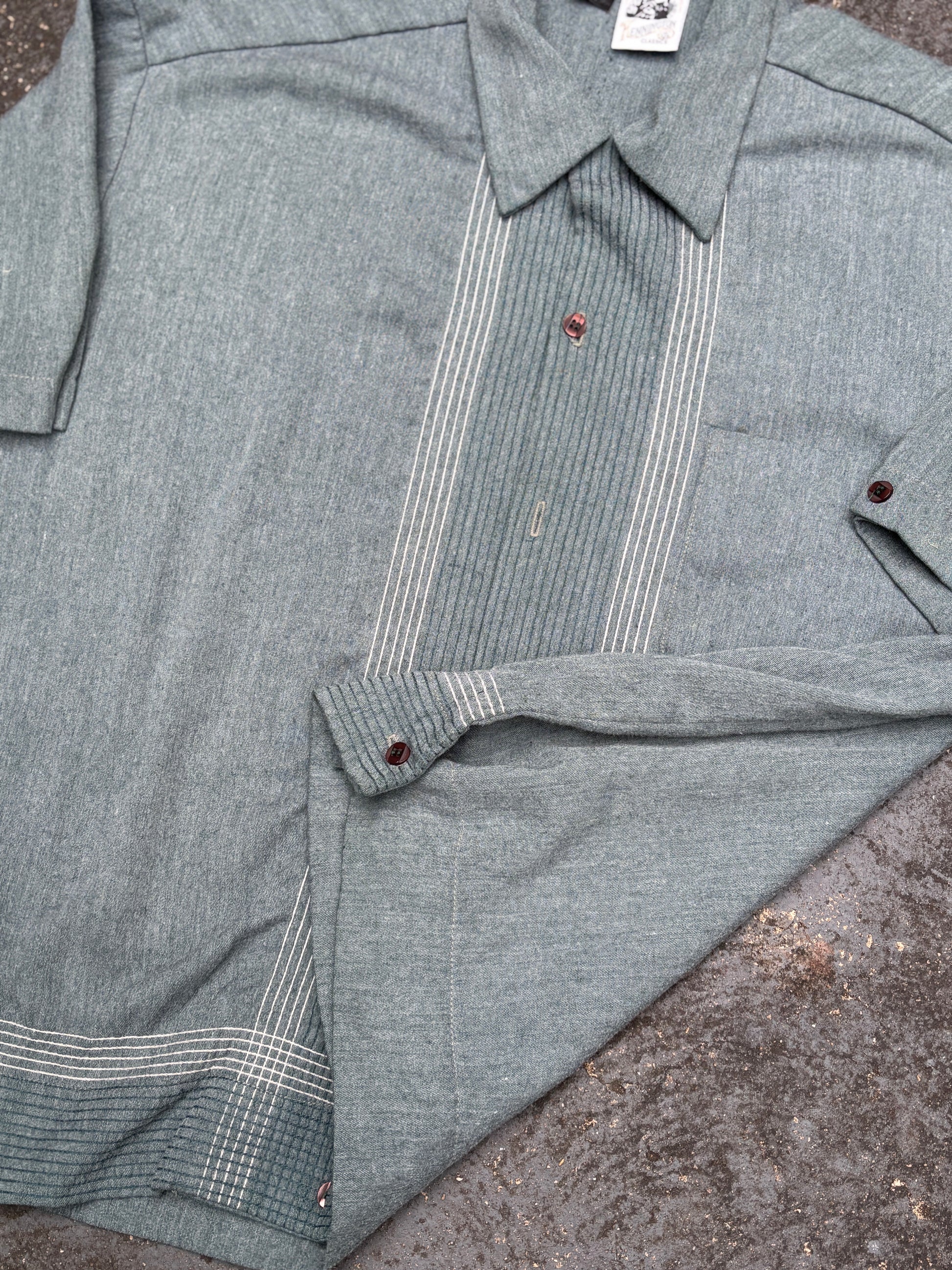 Vintage 70s Kennington Shirt Size L Green Stitch Pattern Mod Style Boxy Fit
