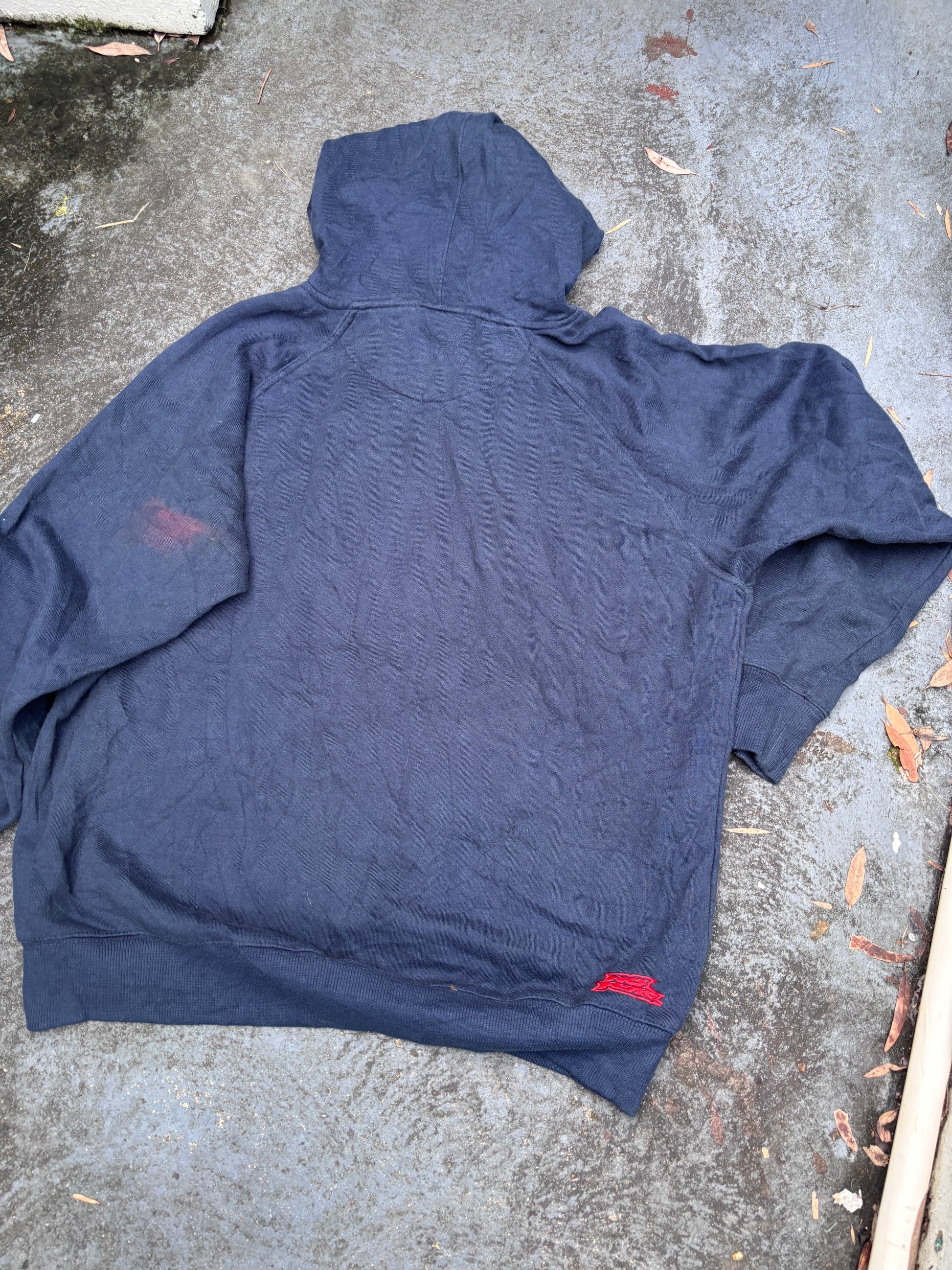 Vintage Y2K No Fear Hoodie Size L Navy Fleece Texture Logo Kangaroo Pouch