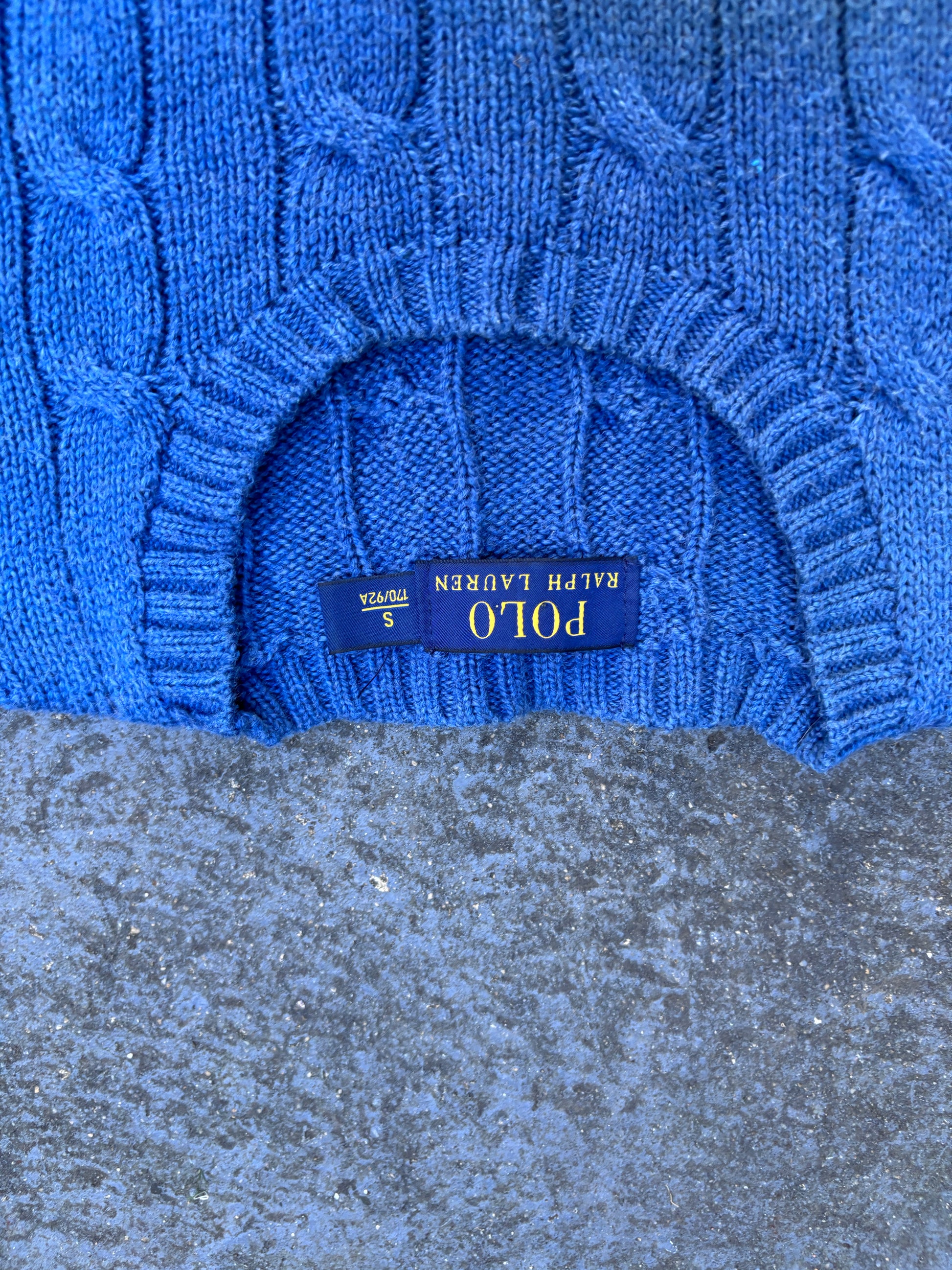 Polo Ralph Lauren Jumper Women’s S Blue Cable Knit Cotton Yellow Pony