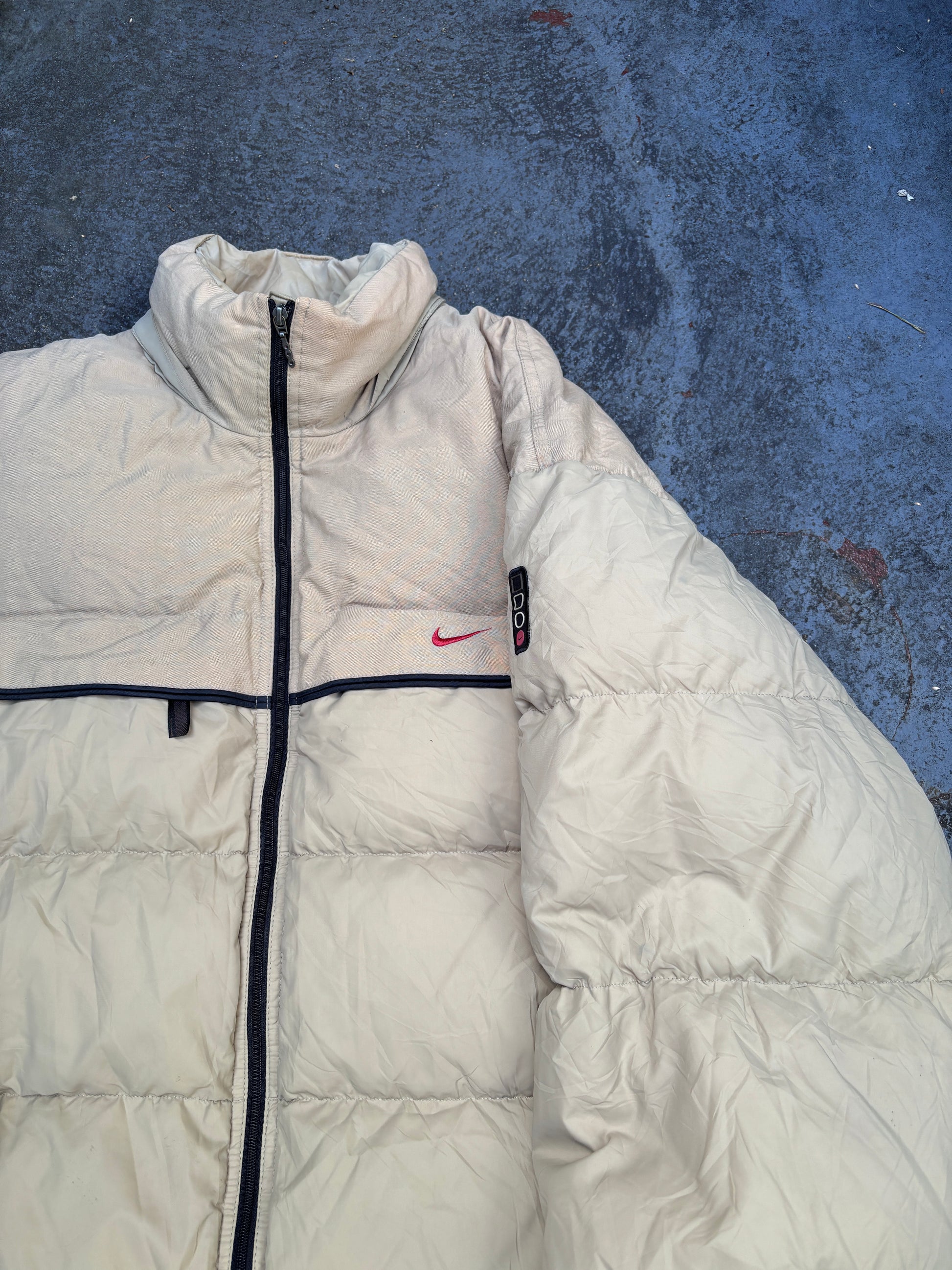 Vintage 90s Nike Down Puffer Jacket Size L Oversized Tan Red Swoosh Full Zip