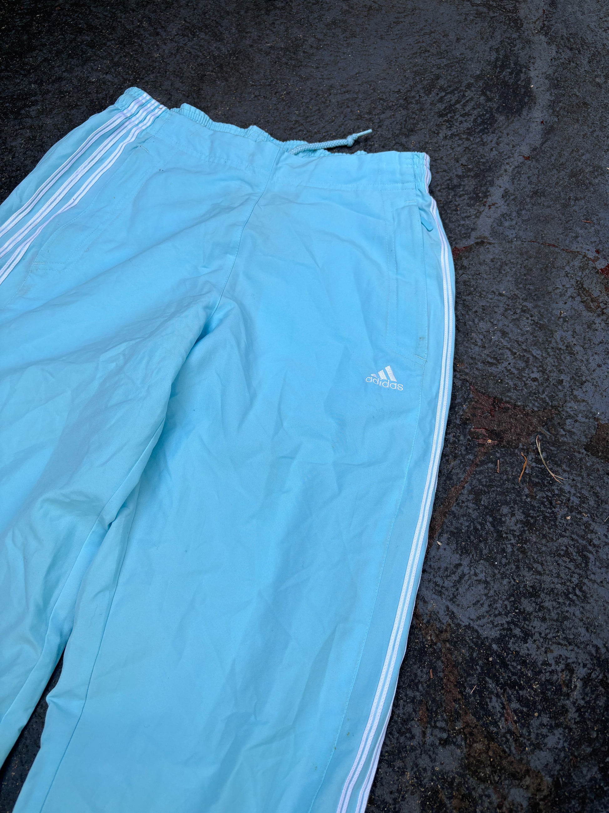 Vintage Y2K Adidas Track Pants Size S Blue White 3 Stripe Logo Windbreakers