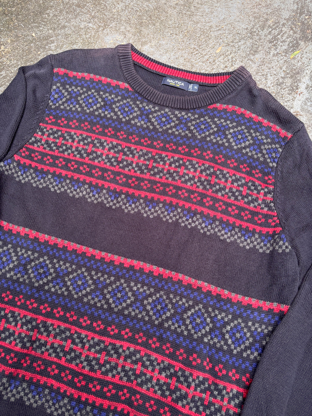Nautica Knit Jumper Size XL Navy Red Fair Isle Pattern Cotton Crew Neck Sweater